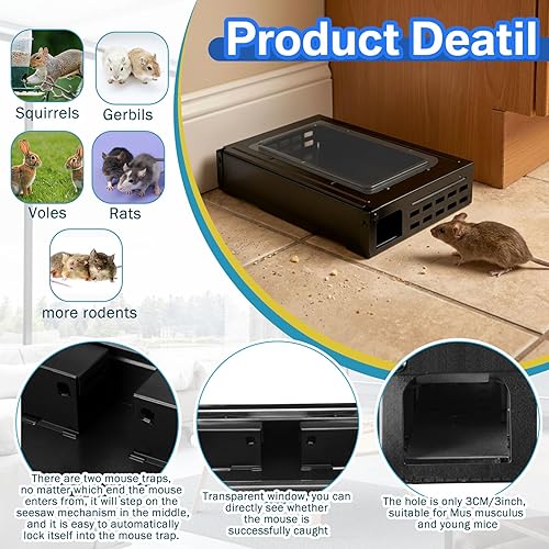 Miniatura 5 de Paquete de 4 trampas para ratas con parte superior transparente, trampa humanizada para roedores, para control de ratas en interiores y exteriores,