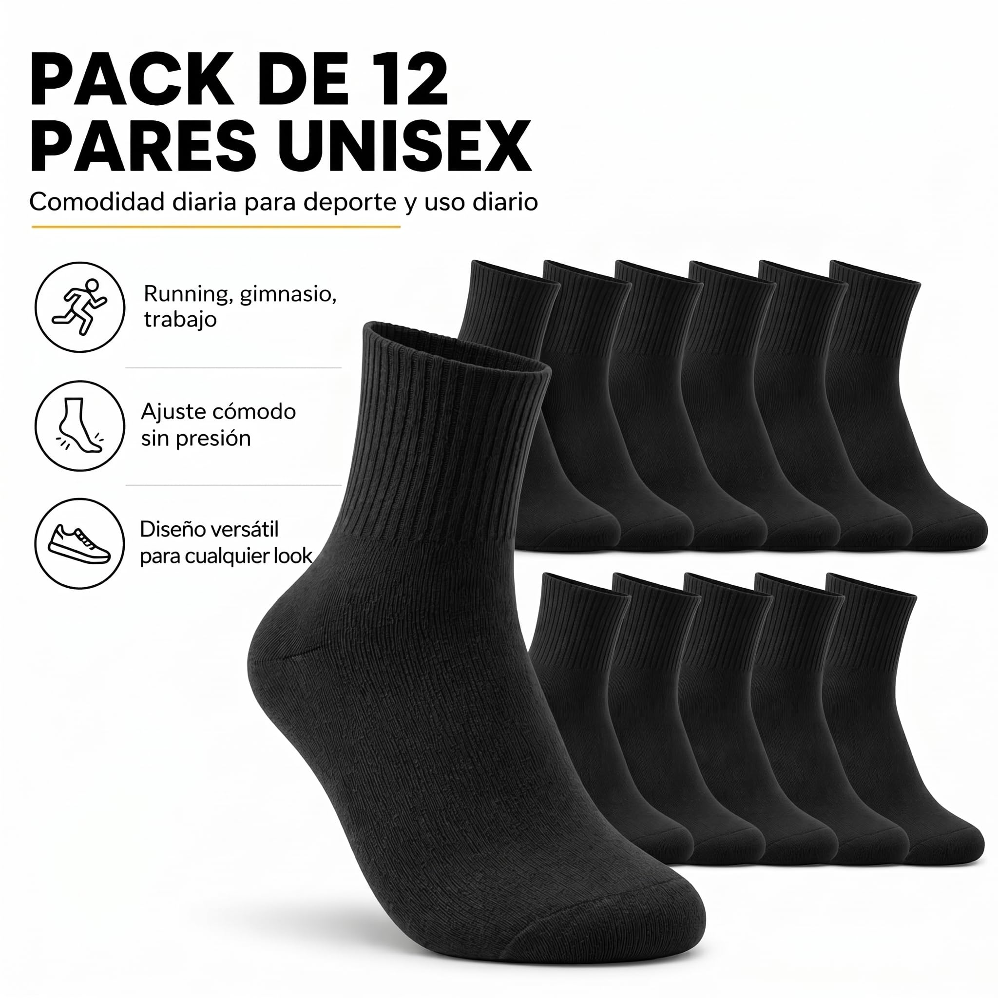 12 Pares Calcetines Deporte Hombre Mujer – Pack Calcetines Caña Media Unisex para Running, Gimnasio, Tenis, Trabajo, Uso Diario – 85 % Algodón Transpirables, Cómodos y Suaves.