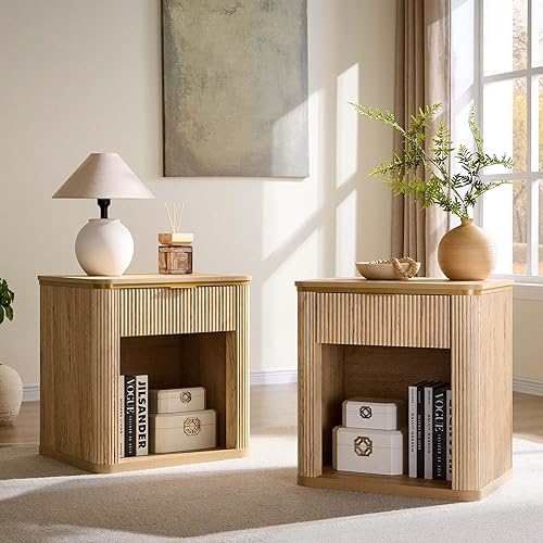T4TREAM Juego de 2 mesitas de noche grandes de mediados de siglo con cajón, mesa auxiliar, mesita de noche para dormitorio, sala de estar, roble