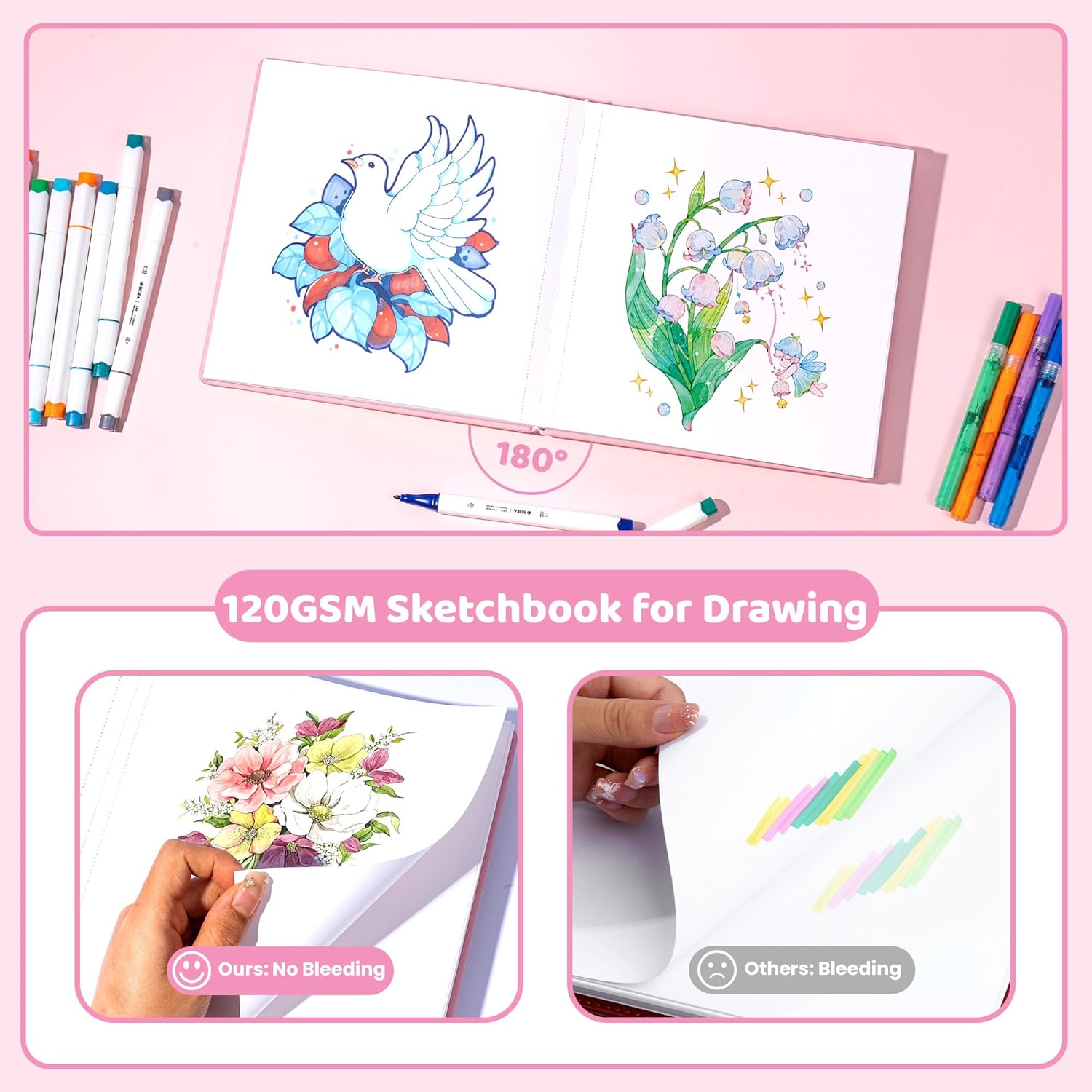 FLYING EAGLE Sketch Book for Kids 10"X 10" Large Hardcover Sketchbook for Drawing 120GSM Thick Paper, Square Art Drawing Paper 120 Pages Sketch Pad for Girls Teens,Gift Boxed, Pink