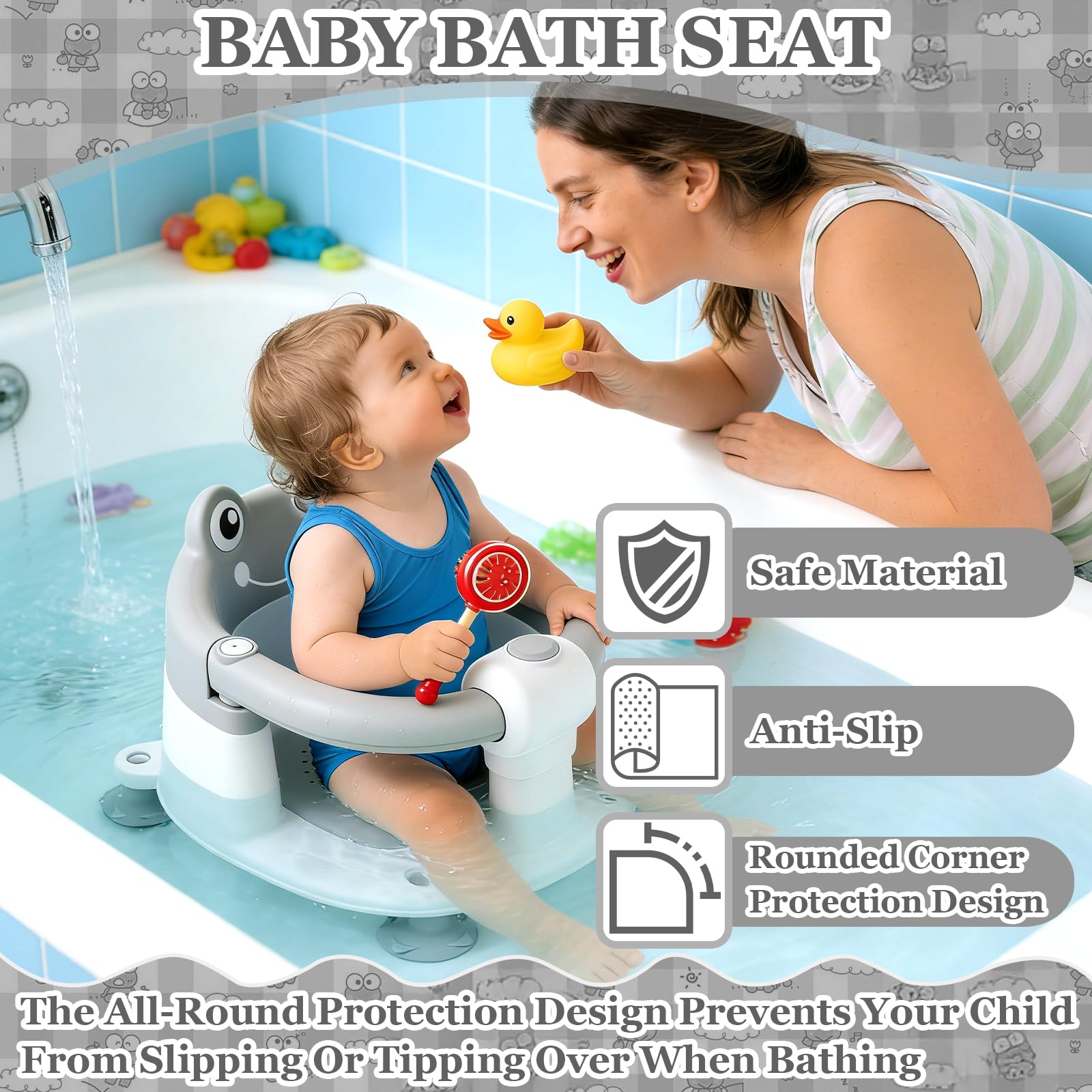 Bambino Seggiolino da Bagno,Seggiolino Doccia Bimbo,Seggiolino Vasca da Bagno Bambino,Seggiolino da Bagno con 4 Ventose,per Bambini a Partire da 6 Mesi per Doccia o Vasca da Bagno - Grigio