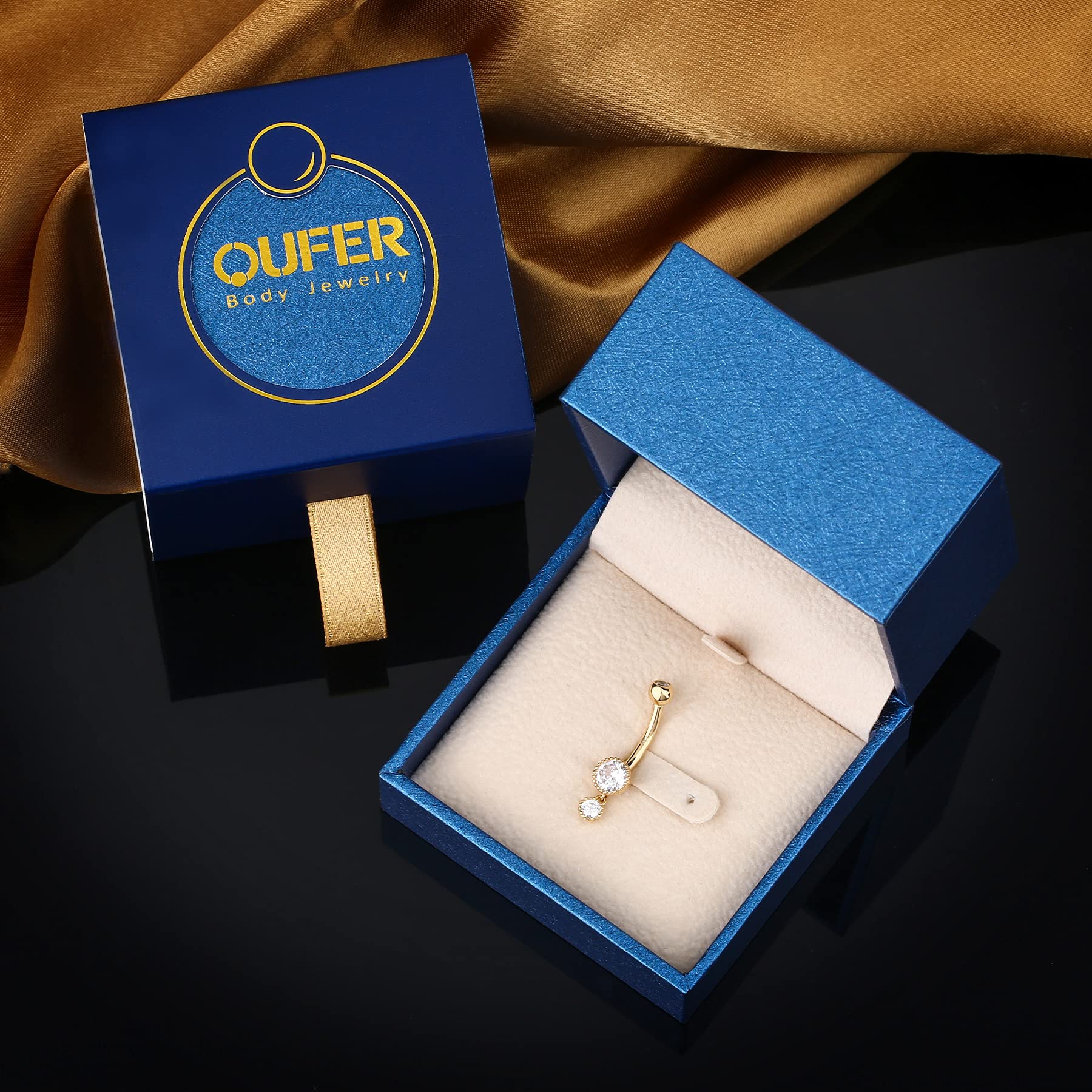 OUFER Body Piercing Belly Button Bars 14G Navel Bar 14K Solid Gold Double Round Clear CZ Belly Bars Navel Piercing Jewellery