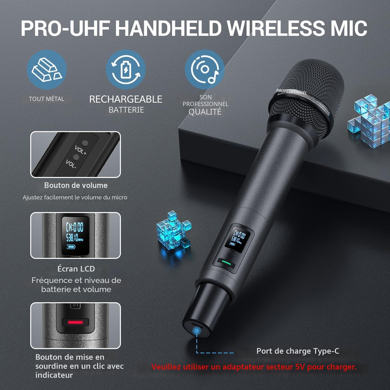 TONOR Système de Micro sans Fil, Microphone sans Fil Rechargeable Professionnel, Micro Dynamique sans Fil en Métal 2x100 UHF pour Karaoké/église/Chant/Mariage/DJ, Auto Scan, 80 M Range, TW550