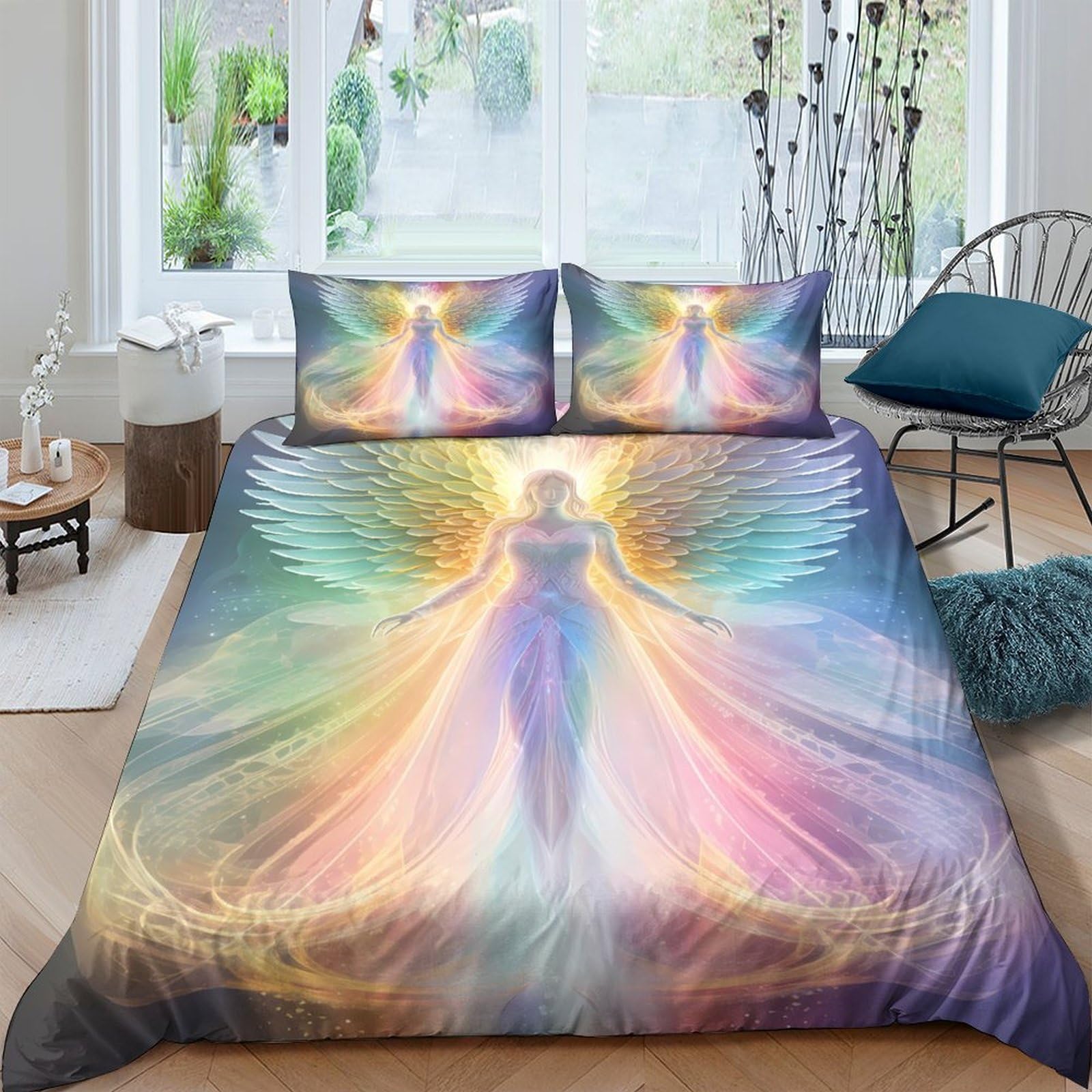 Ctjqhvkz Style-8 3D Printed Angel Light Fitted Sheet Microfiber Soft Breathable Rainbow Wings Mattress Cover For Bedroom Dorm Decor Single（135X200cm）