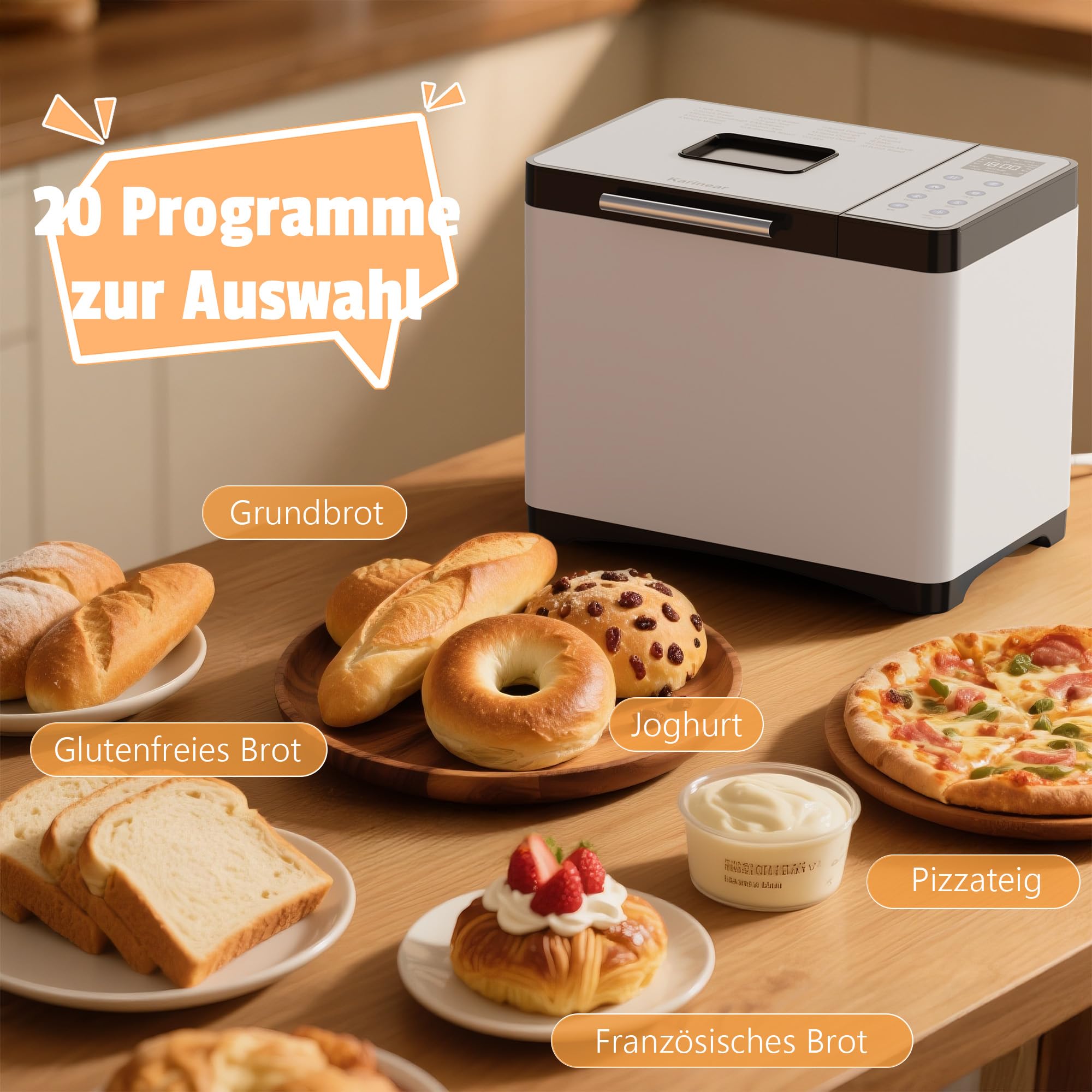 Karinear Brotbackautomat ohne Loch im Brot – 20 Programme Brotbackmaschine, 15-Std.-Timer, 3 Laibgrößen & Bräunungsstufen, 2LB Brotbackautomat, Bread Maker inkl. hitzebeständige Handschuhe, Weiß