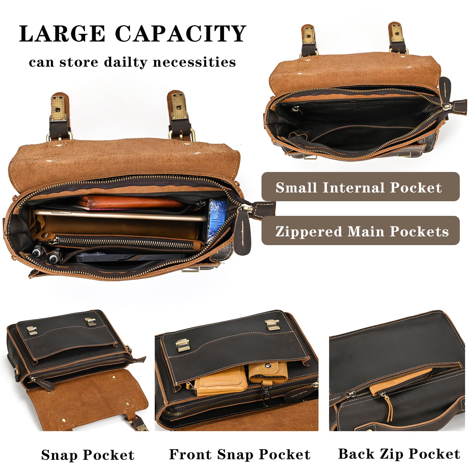 Bolso bandolera de piel auténtica para portátil de hasta 9,7 pulgadas con correa para el hombro, bolso de trabajo, bolso de mano, 9505 marrón oscuro, 9505 Marrón Oscuro