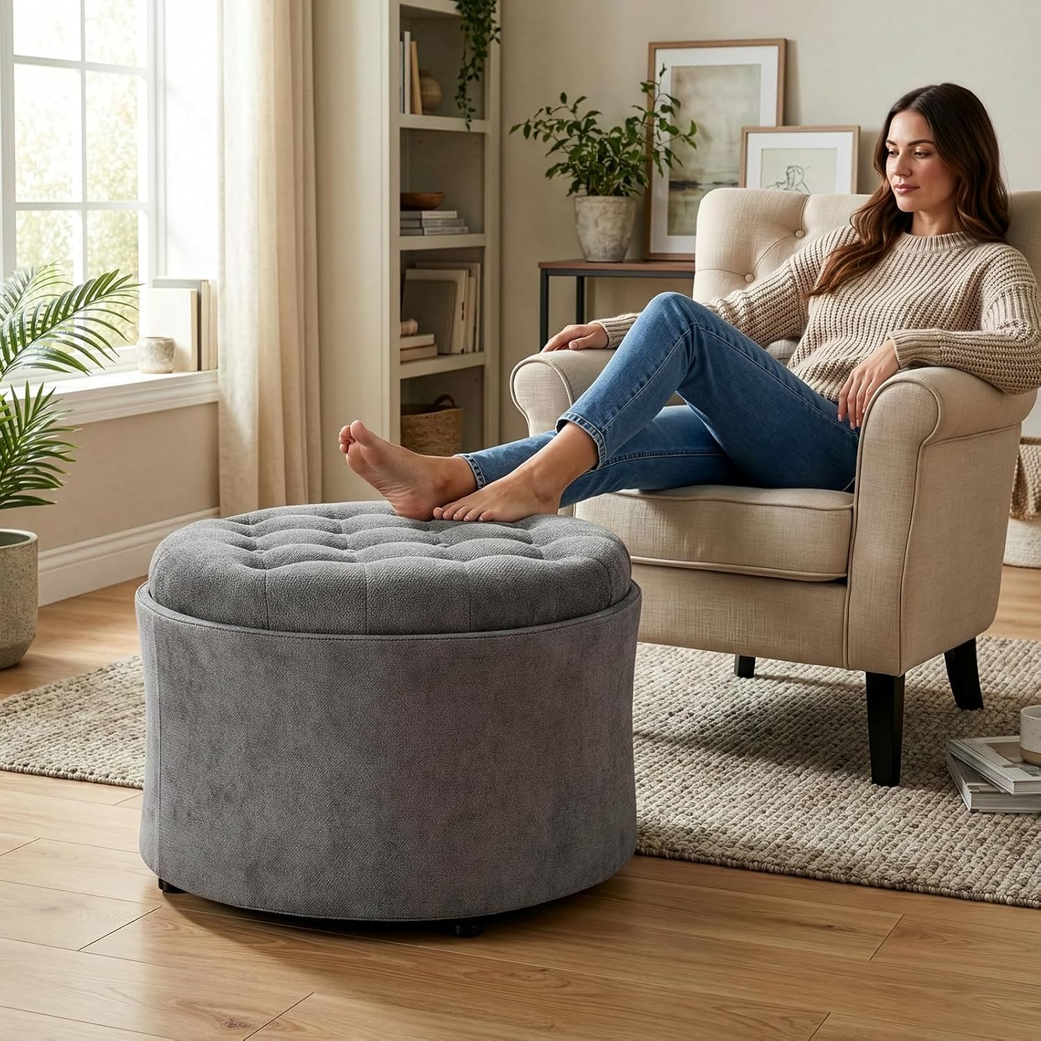 ONBRILL 25" Round Ottoman Coffee Table, Storage Ottoman with Lift-Off Lid, Multifunctional Foot Rest & Hidden Storage, Sturdy Steel Frame for Bedroom, Living Room, Corners, Apartment