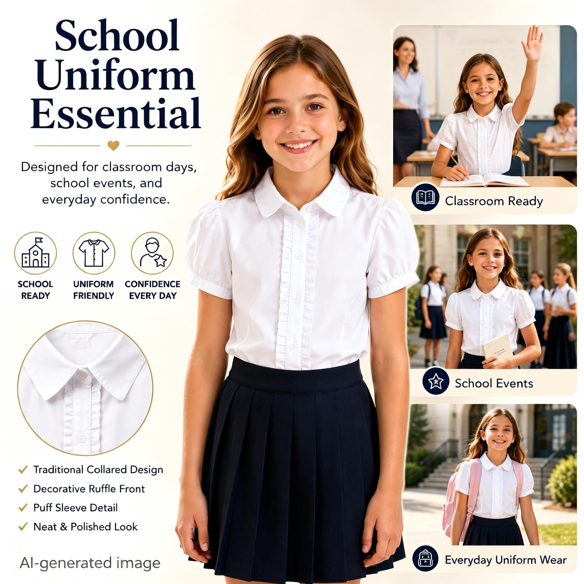 Bienzoe Filles École Manche Courte Blanc Chemisier