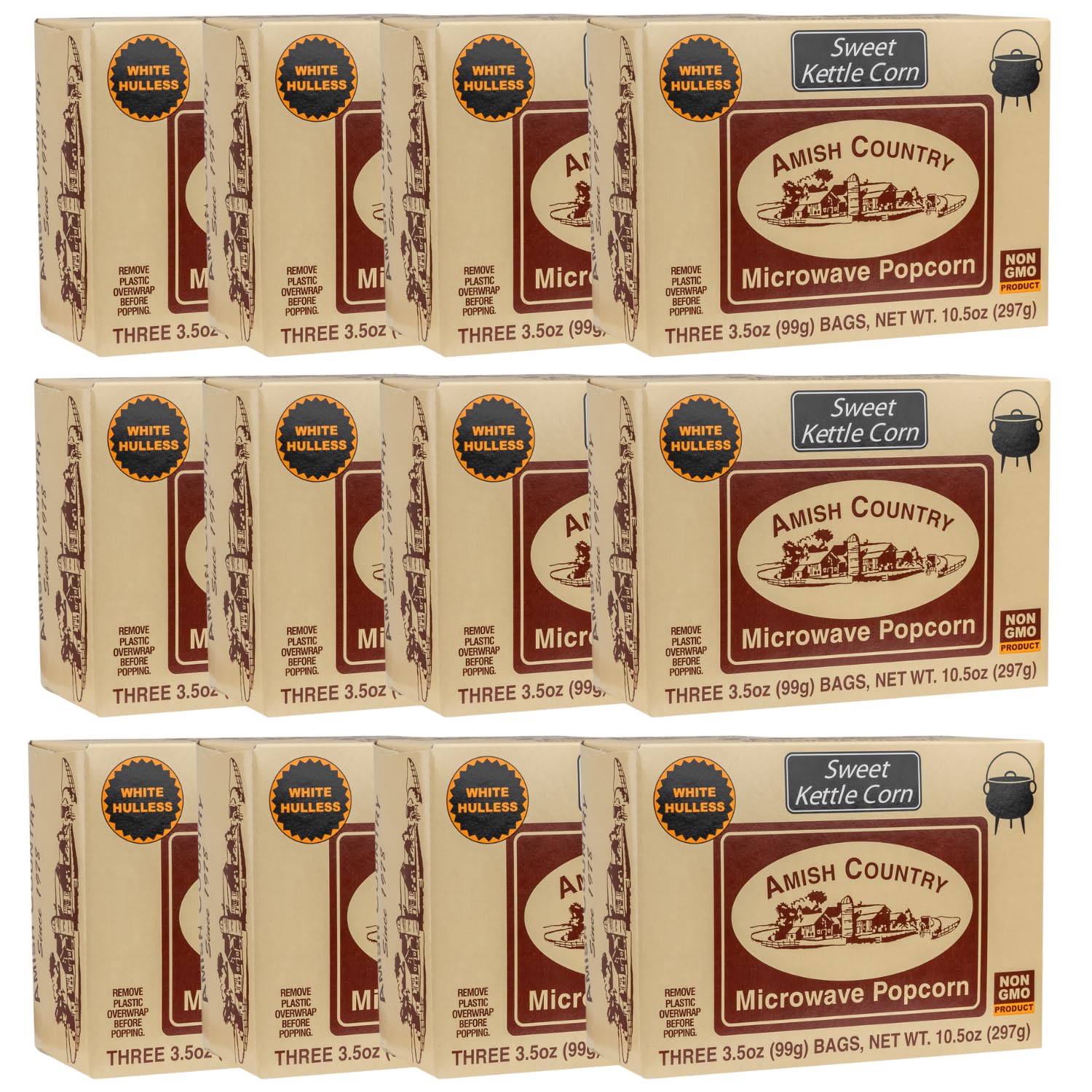 Amish Country Popcorn | Old Fashioned Microwave Popcorn | Non-GMO, Gluten Free, Microwaveable and Kosher (Sweet Kettle White Hulless, 36 Bags)