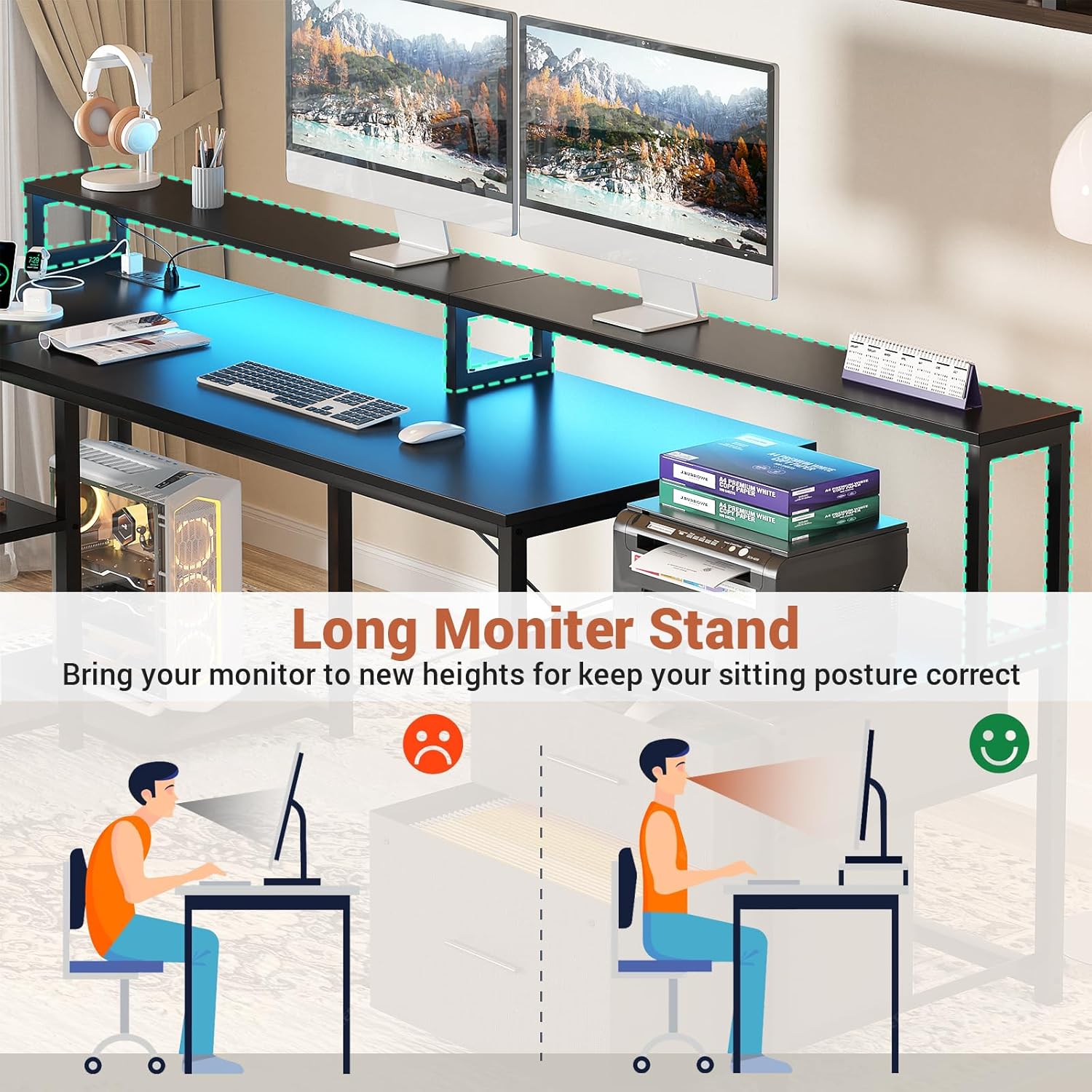 Gaming setup with L shaped desk and vibrant RGB LED lighting