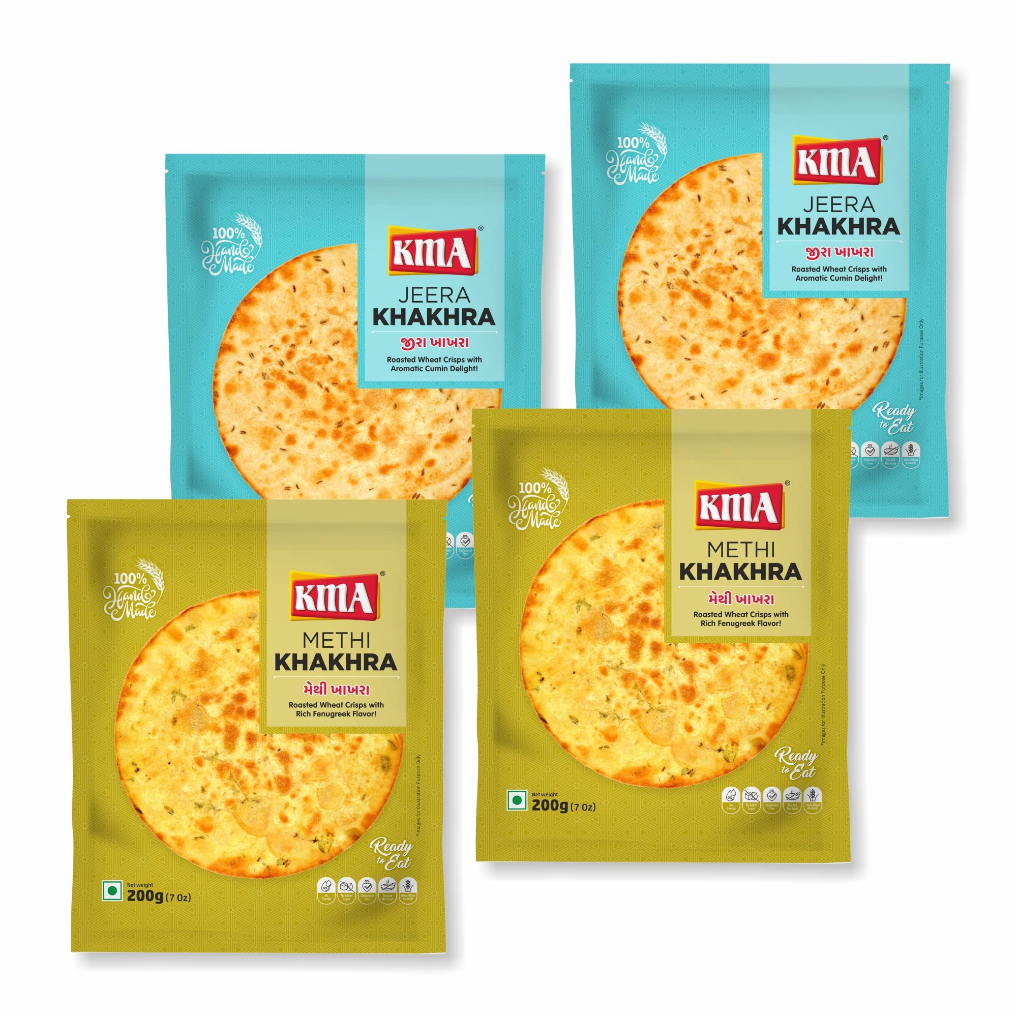 KMA Gujarati Khakhra Combo 800g (4 packs * 200g each) – 2 Jeera Khakhra , 2 Methi Khakhra - Handmade Roasted Fresh Snacks , Ready to Eat Indian Whole Wheat Delight , Crispy & Nutritious with Authentic Taste , Healthy Diet , Low Calorie Anytime Jain Snack