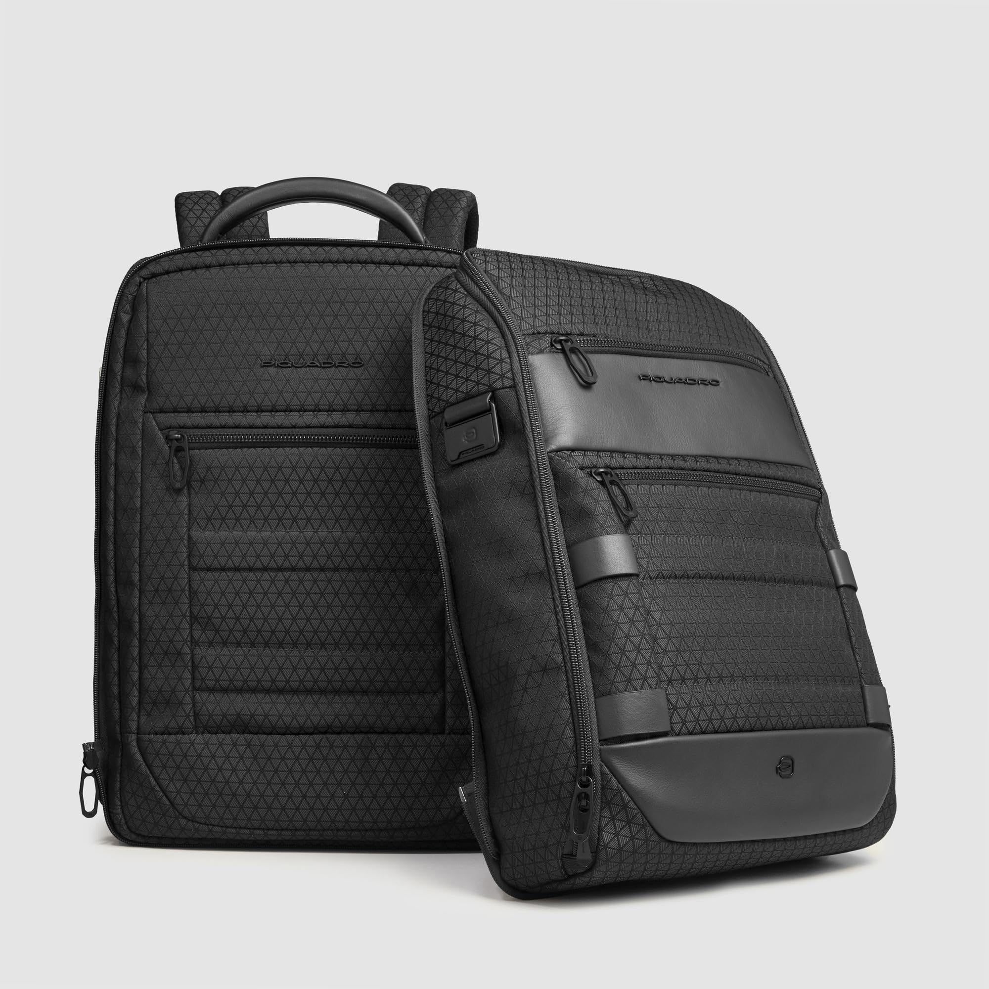 PIQUADRO - Zaino Viaggio Modulare 2in1 PC 15,6" Pelle - Unisex - Nero | Aggancio per Trolley, Doppia configurazione, Spallacci imbottiti, Vani organizzati, Trasferte, Business