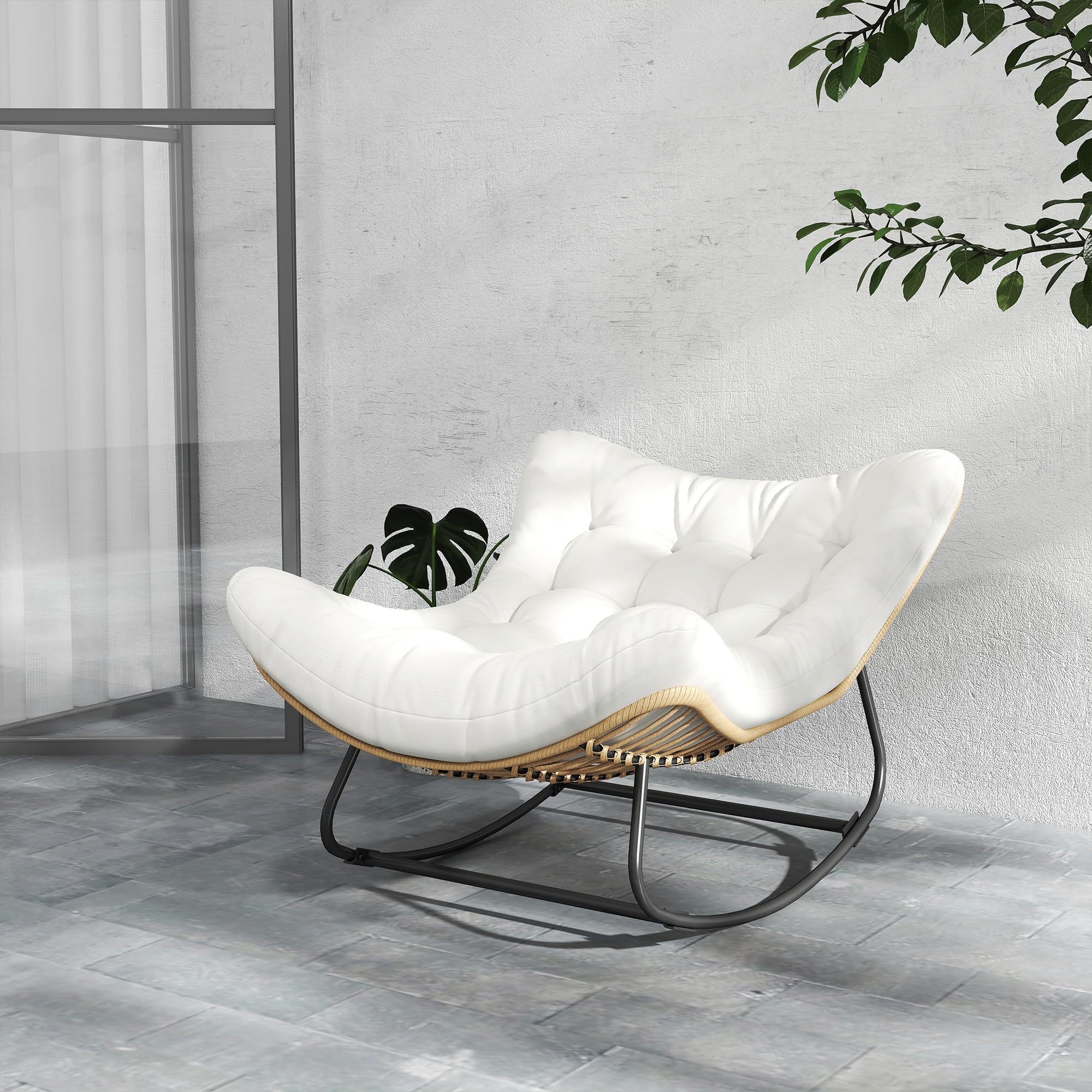 Outsunny - Silla mecedora de jardín con forma de huevo de resina trenzada, con cojín acolchado para jardín, dormitorio, sala de estar, crema