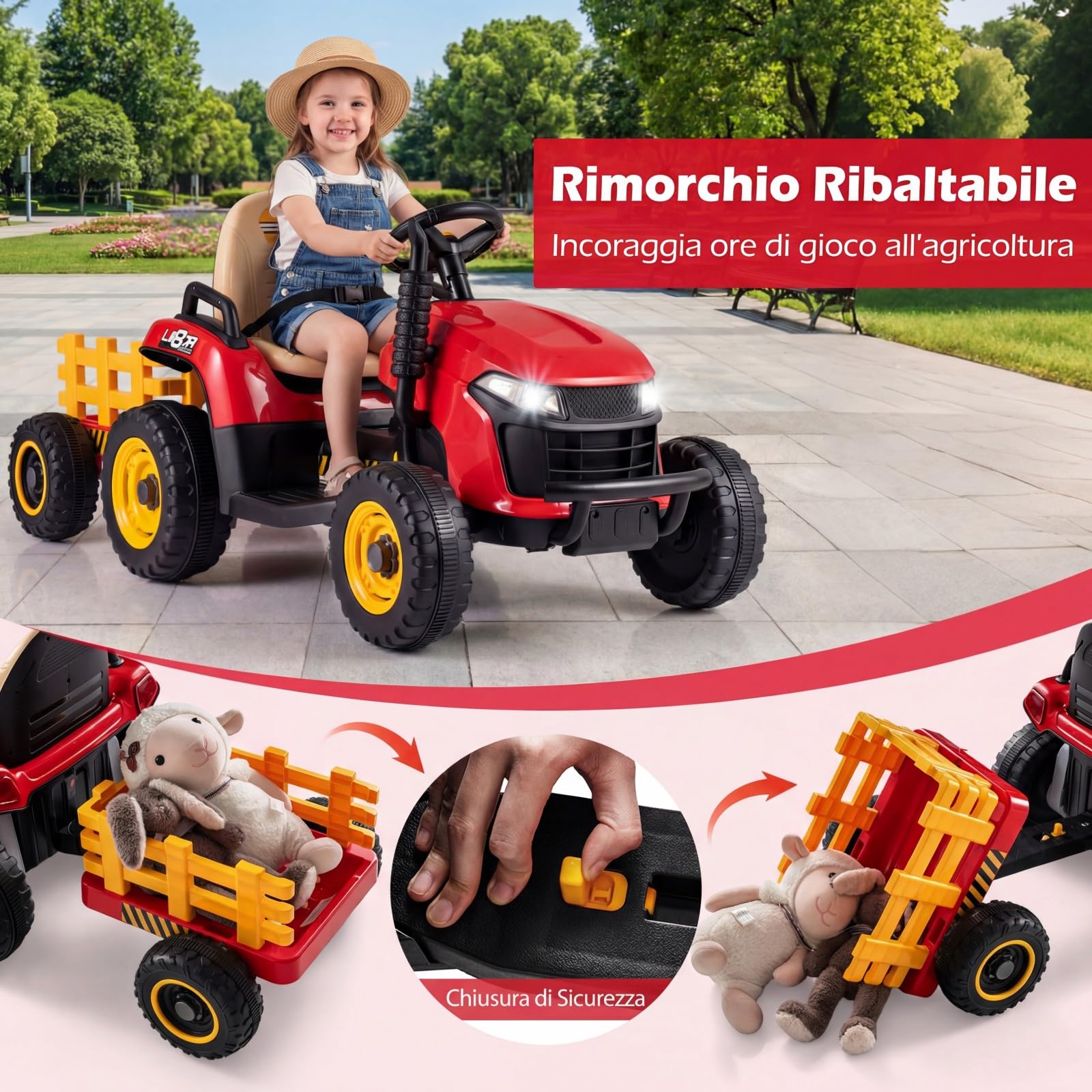 COSTWAY 24V Trattore Elettrico per Bambini, Macchina Cavalcabile con Telecomando, Clacson Musica, Connessione Wireless e Fari a LED, per Bambini 3 Anni+ (Rosso)