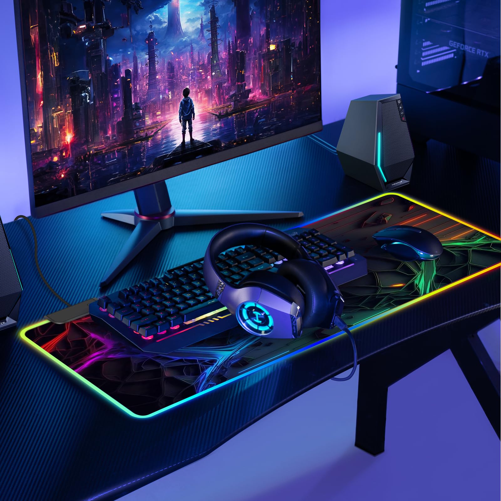 Tappetino per mouse RGB da gioco, grande tappetino da scrivania con luce LED, 13 modalità di illuminazione, controllo touch, morbido, esteso, con base in gomma antiscivolo, per scrivania per ufficio e