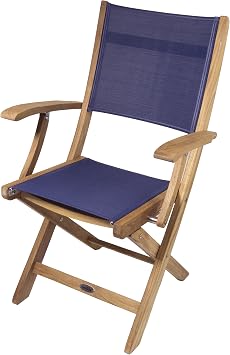 SeaTeak Bimini Foldable Chair - Directors Chair with Blue Durasling Fabric - Teak Folding Chair for Boat, Poolside, Patio, Camping, Outdoors