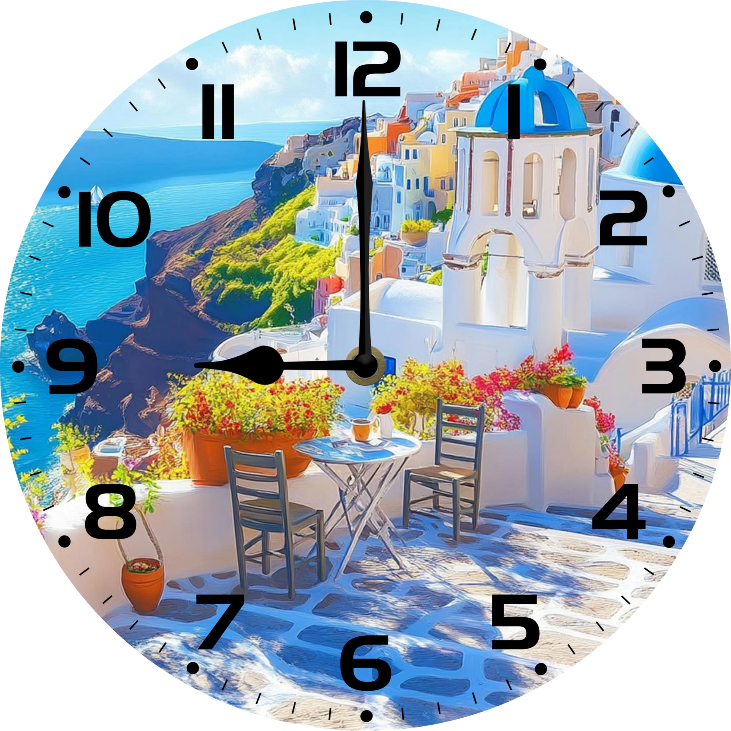 Ensound Santorini Sign Wall Clock Silent Non Ticking Round Clocks Santorini Clocks 12 Inch Battery Operated Quartz Quiet Desk Clock for Home Office