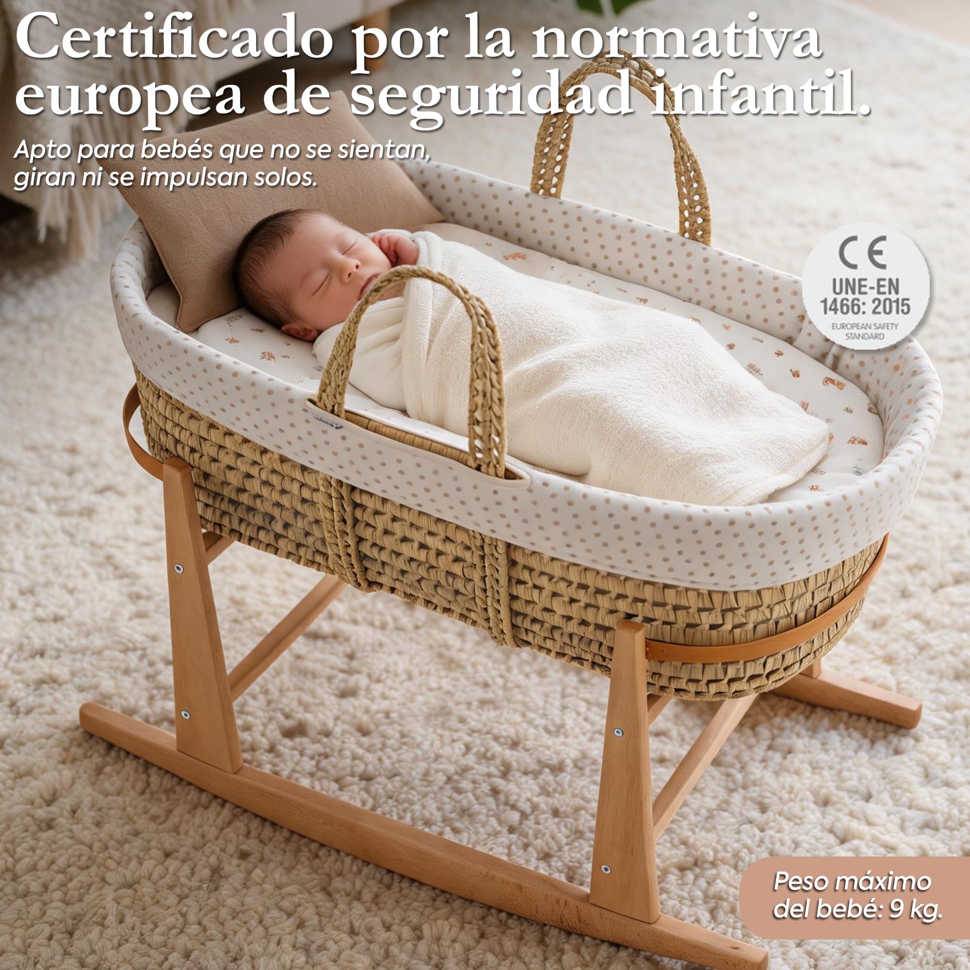 Cambrass-moisés para bebé con Soporte de Madera-capazo de Palma para los Primeros Meses del bebé-moisés de Mimbre con Asas para facilitar su traslado - Abete Beige/Natural 39x80x25 Cm