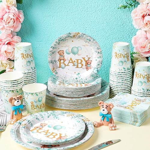 Miniatura 2 de Juego de 200 piezas de vajilla para fiesta, patrones impresos, servilletas, tazas, decoraciones de mesa para baby shower, fiesta de cumpleaños (oso)