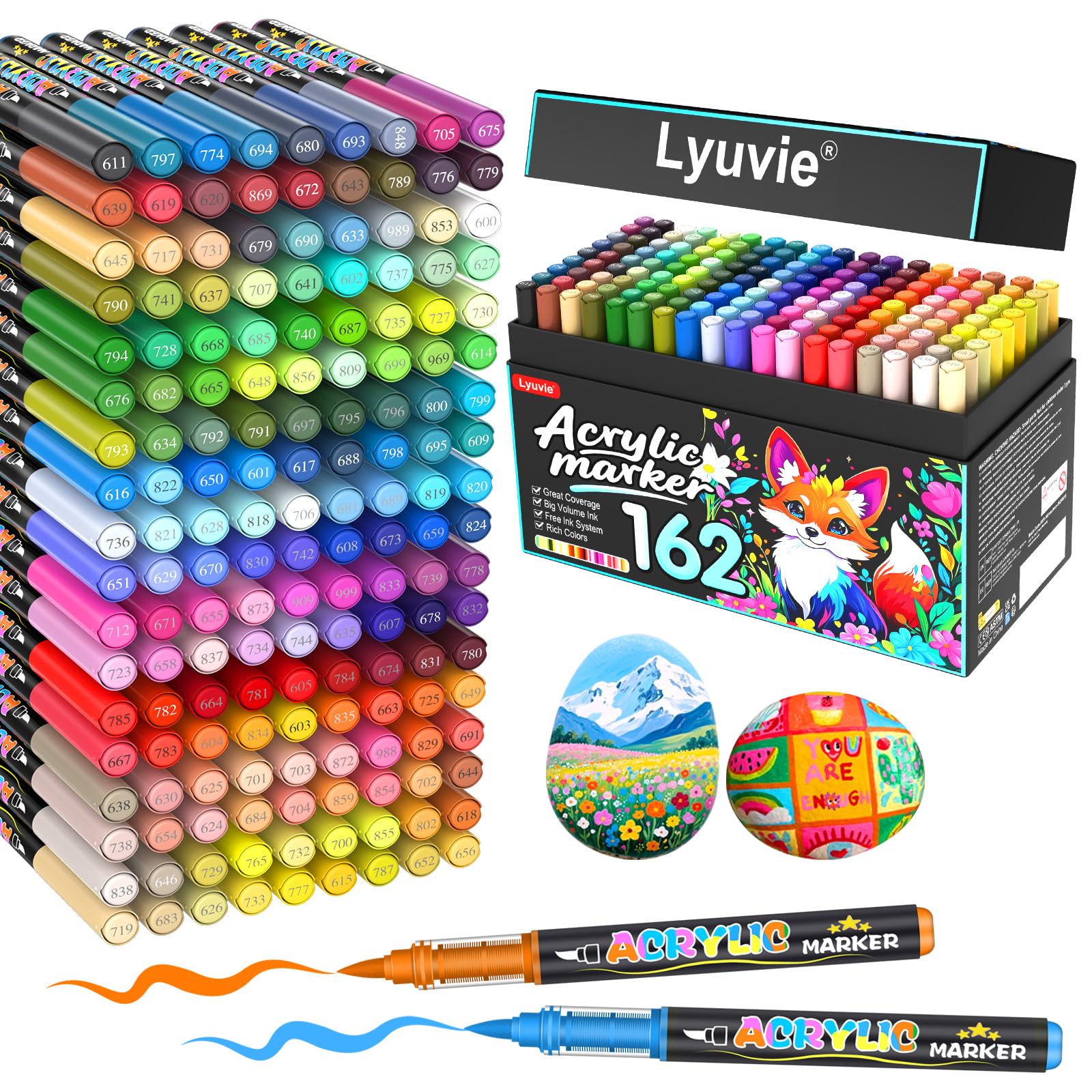 Lyuvie 162 Farben Acrylstifte für Steine WasserfestSet, Permanente Acrylic Paint Brush Marker Acrylstifte für Holz, Stein, Papier,Glas,Stoff, Kieselsteine, Kunststoff, Bastelbedarf