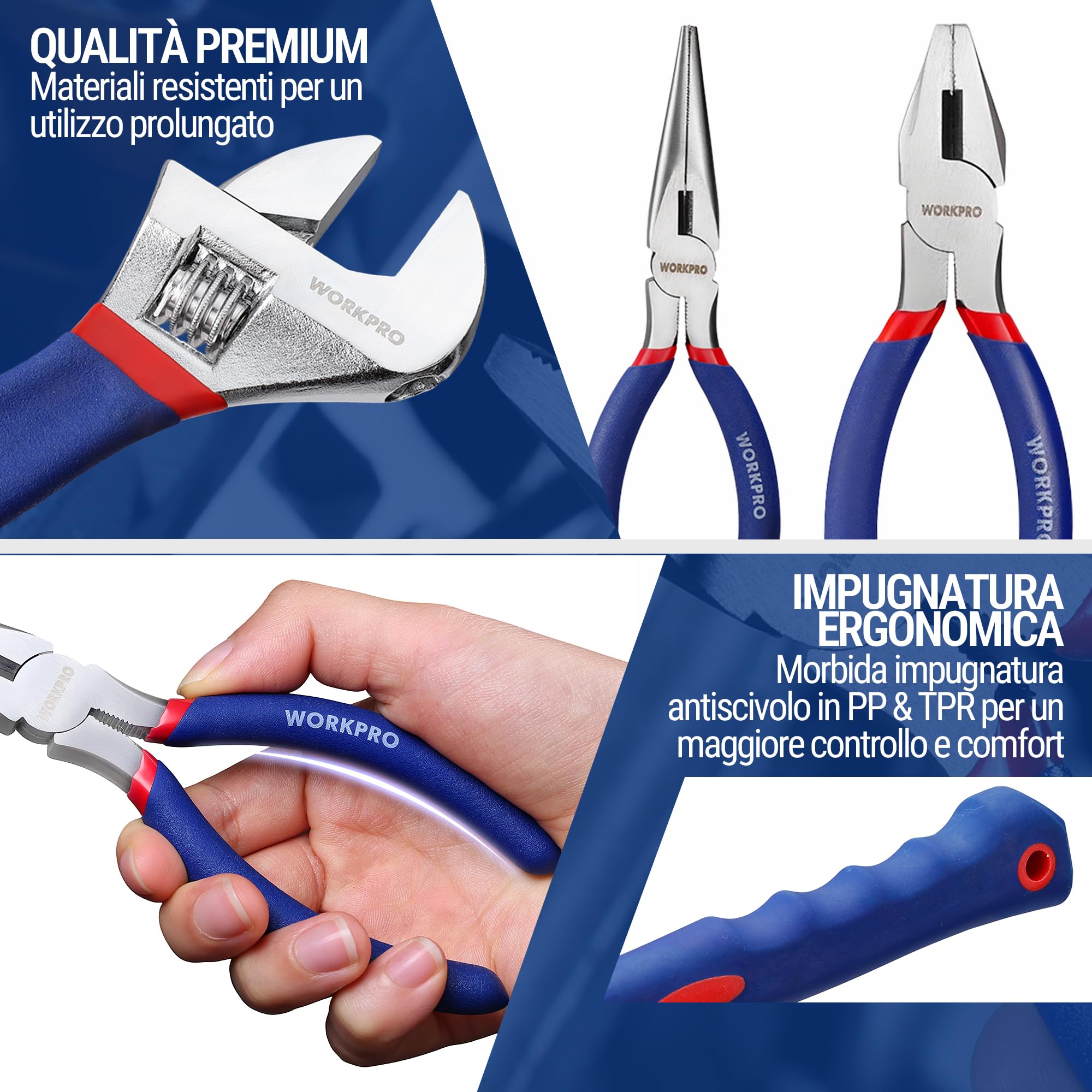 WORKPRO Set Porta Attrezzi Uso Domestico Riparazione 100 Pezzi Utensili per Officina e Lavoro con Pinza, Coltello, Cacciavite, Chiavi a Bussola, Livella, Metro in Cassetta