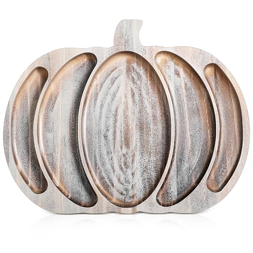 Sliner Fall Harvest Large Pumpkin Wooden Serving Platter 15x12 In Rustic Pumpkin Snack Fruit Meat Cheese Board Rustic Angle Shape Charcuterie Board Sectional Dish Plate for Thanksgiving(Brown)