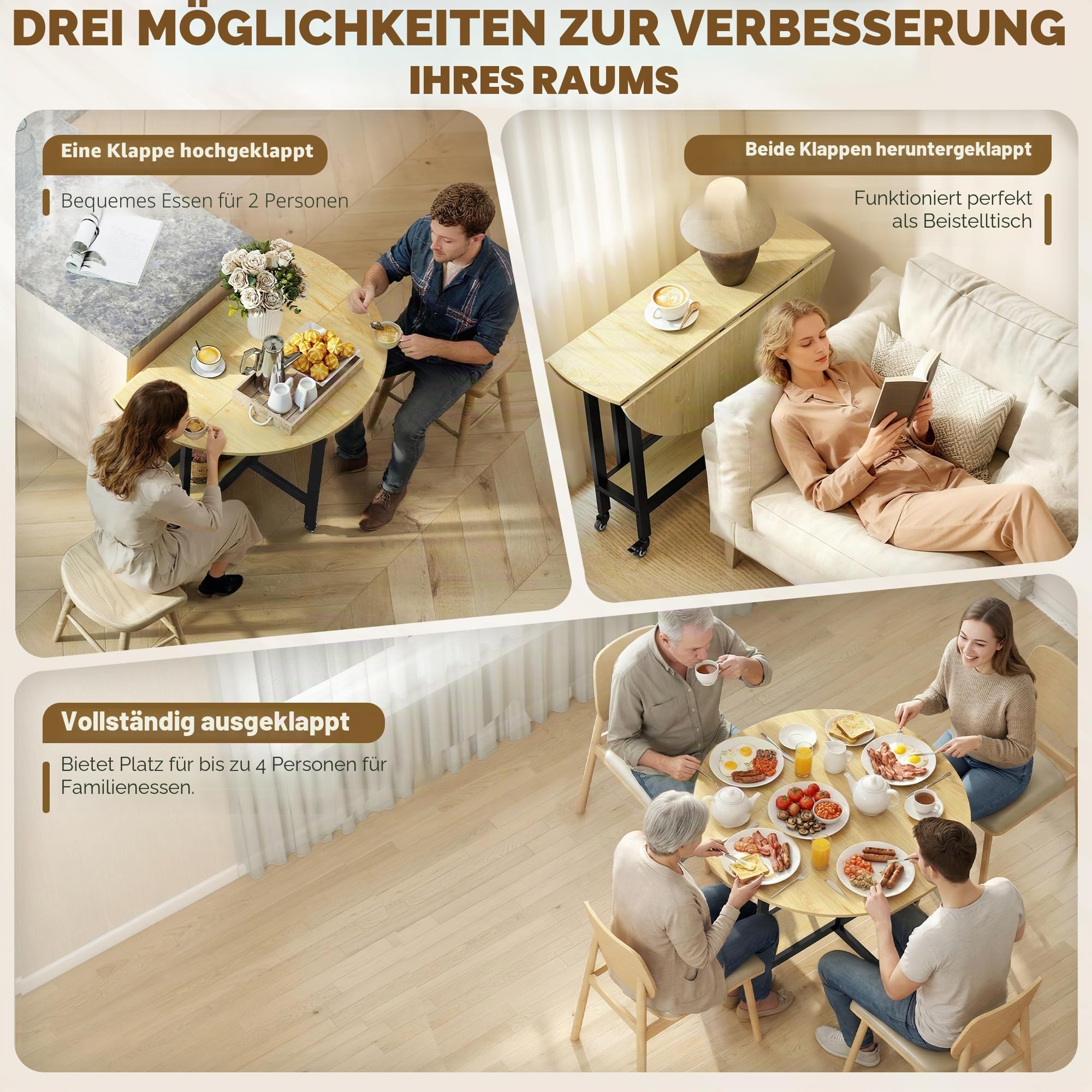 HOMCOM Klappbarer Esstisch auf Rädern Rund 100 x 100 x 75 cm Eiche