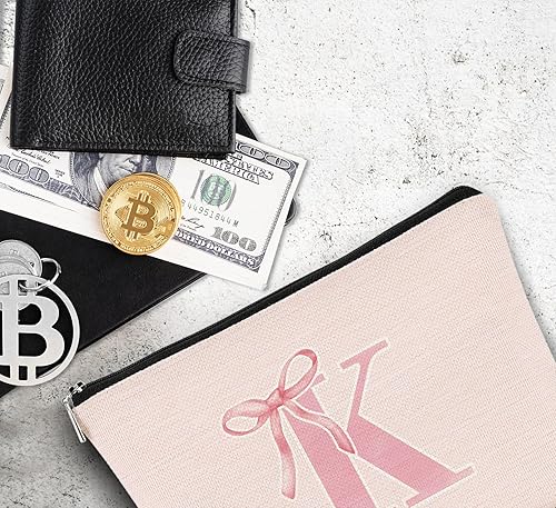 Miniatura 4 de Bolsas de cosméticos con monograma inicial para mujer, bolsa de maquillaje femenina con lazo rosa, rosa, (PinkK)