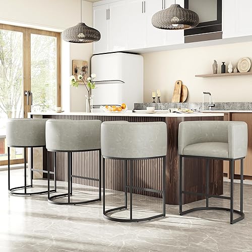 Miniatura 6 de Taburetes de bar de 26 pulgadas de alto, modernos taburetes de bar con respaldo y brazos, taburetes de bar tapizados de piel sintética para isla de