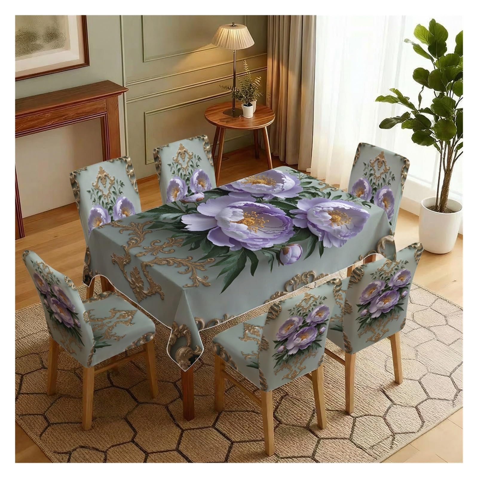 BOSUYBN Sage Green Base Purple Peony Gold Baroque Frame Printed Dining Tablecloth & Chair Covers Set, 5/7 Piece Luxury Victorian Elegant Home Decor Table Setting(7pcs Set: Tablecloth+Chair Covers)