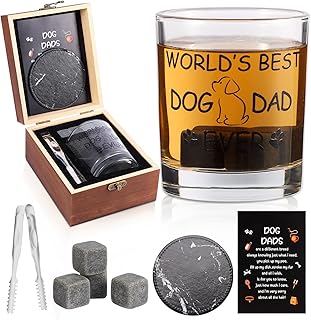 Dog Dad Gifts, Best Gift for Dad, Gift with 12oz Whiskey Glasses, Stones, Coaster, Wooden Box for Dogfather