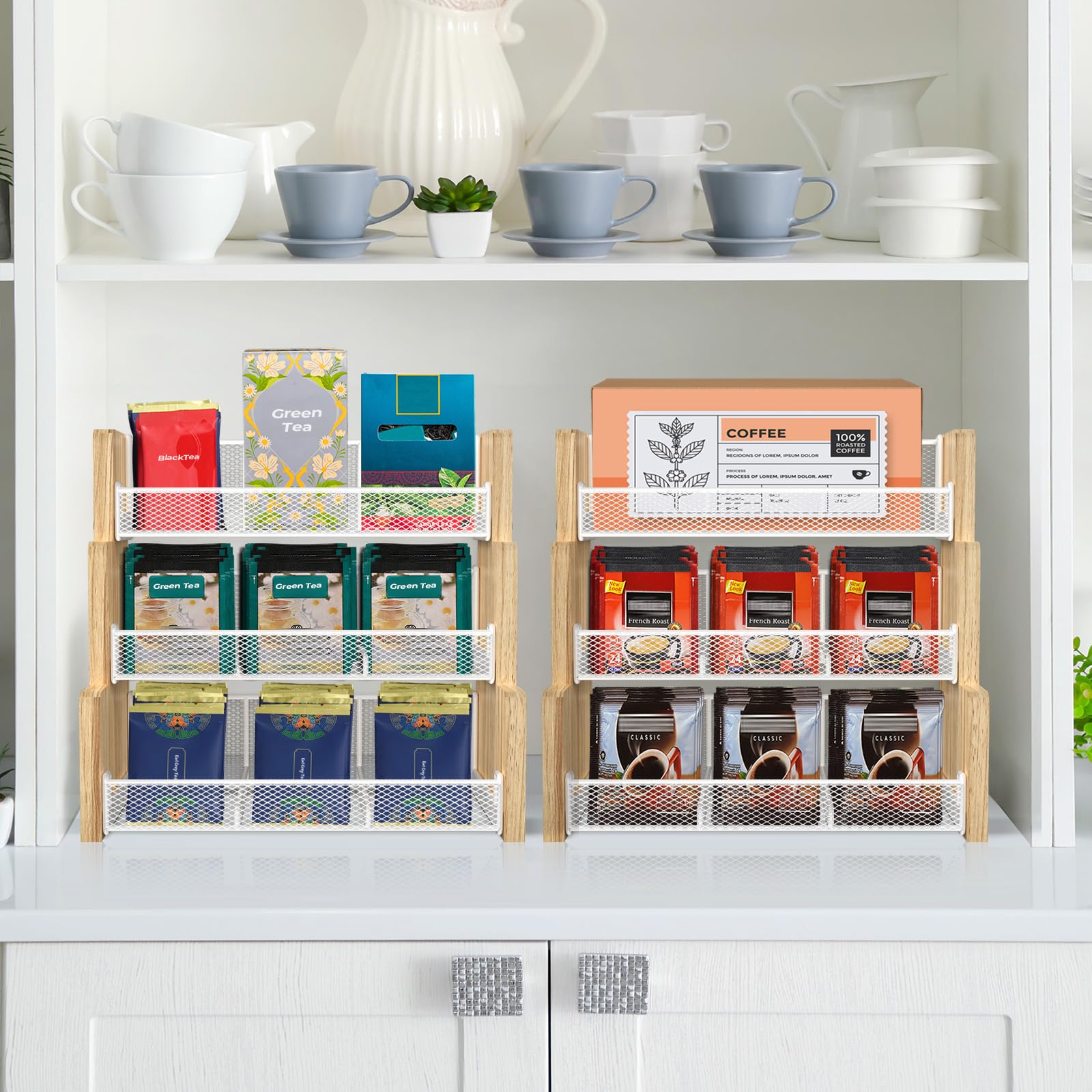 THYGIFTREE Organisateur de sac à thé, stockage de boîte à thé à 3 niveaux, porte-sac à thé en bois massif pour cuisine, bureau, comptoir, paquets de sucre, porte-crèmes (Blanc)