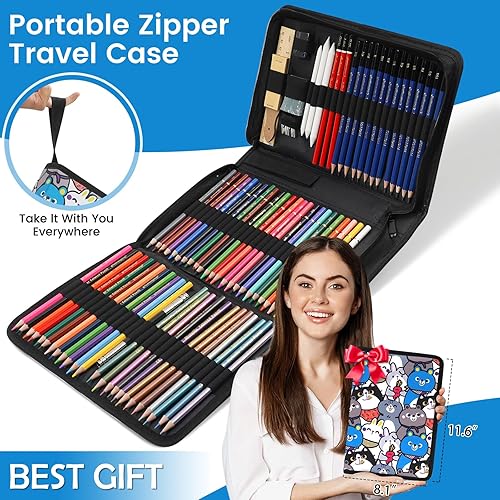 Miniatura 7 de Kit de 100 suministros de arte para dibujo, juego de suministros de dibujo profesional con cuaderno de bocetos de 3 colores, libro para colorear,