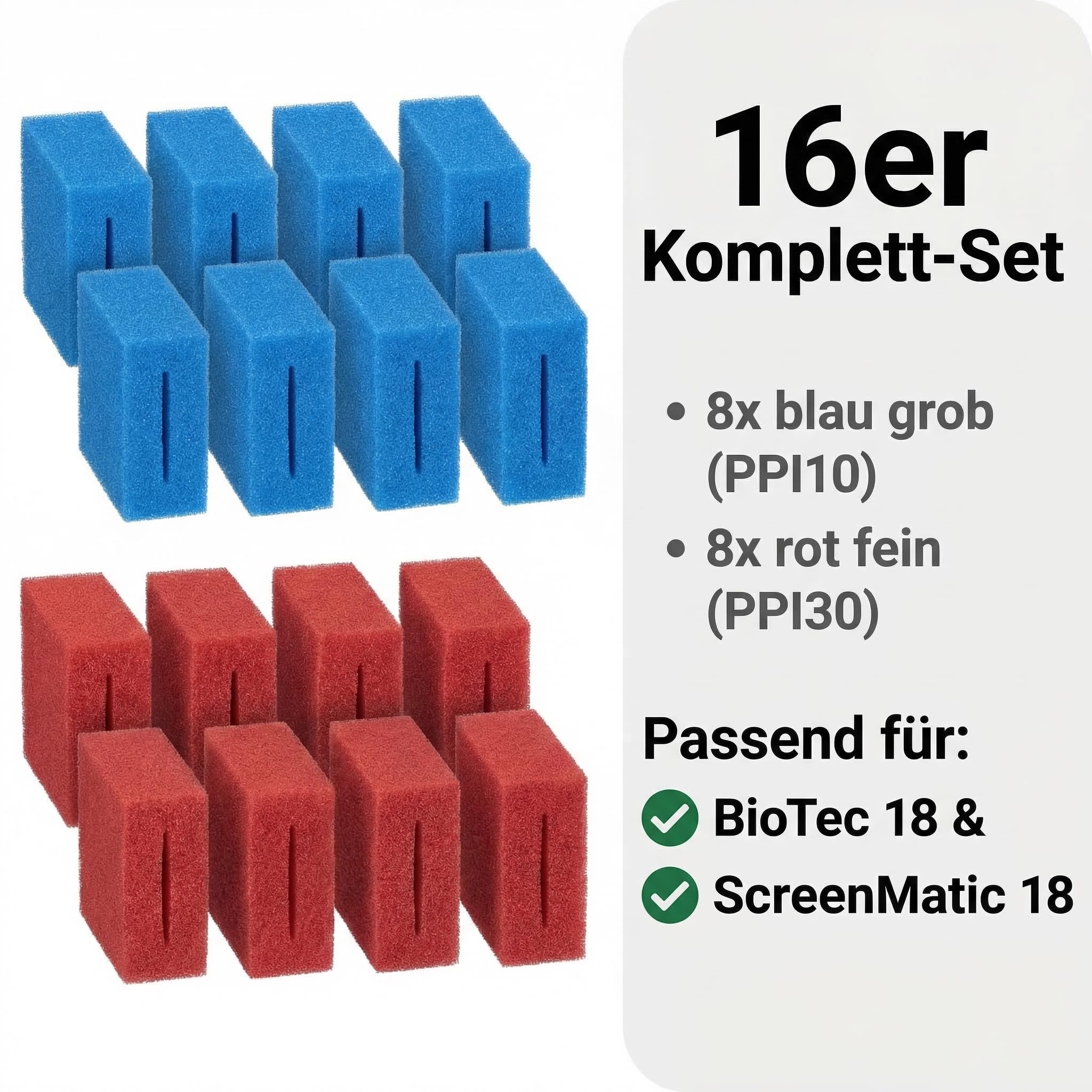 Pondlife Filterschwamm-Set für Teichfilter, kompatibel mit Oase BioTec 18 und ScreenMatic 18, 16er Set: 8× Blau grob PPI10 + 8× Rot fein PPI30, ca. 21,5 × 15,5 × 9 cm
