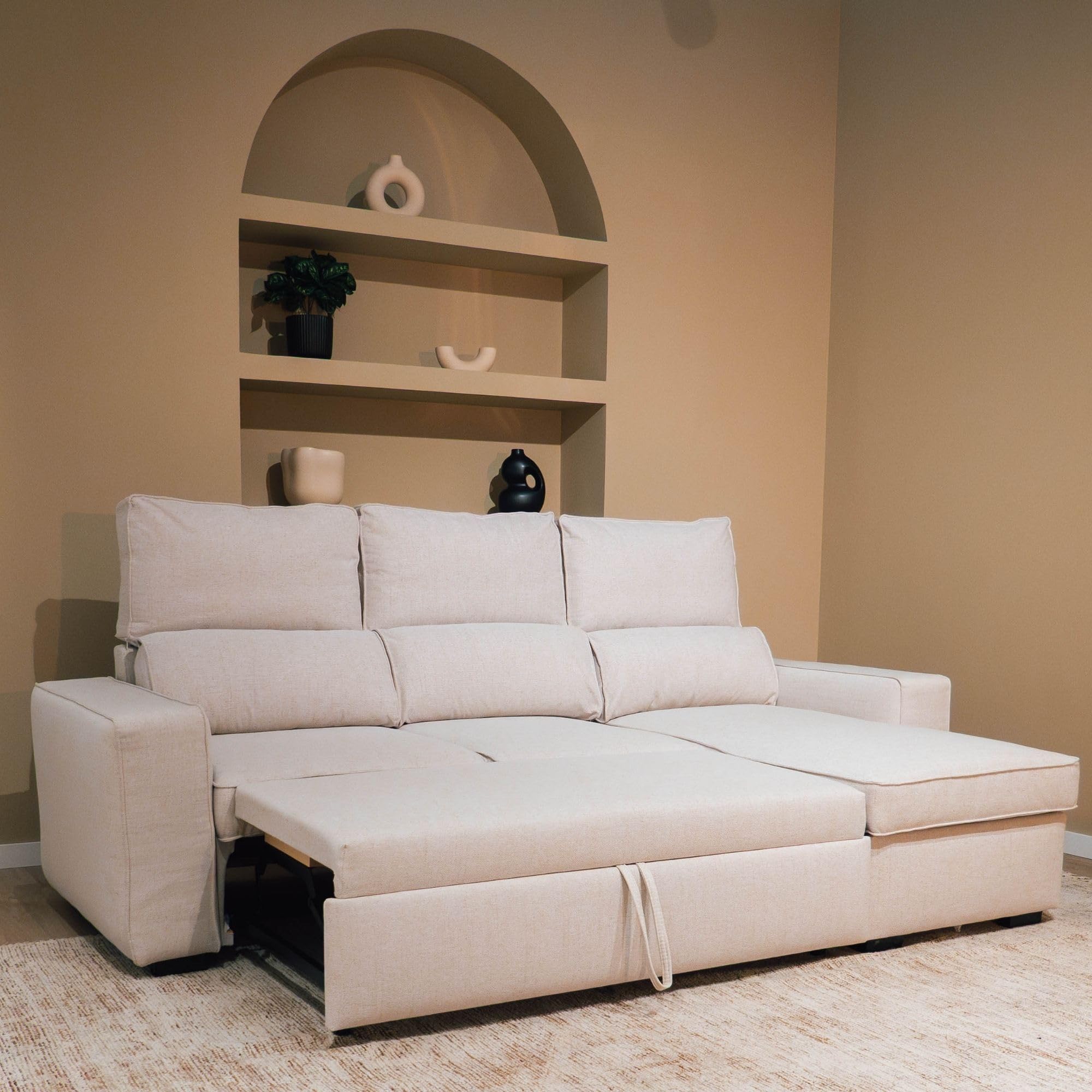 BUDWING Harper Sofá Cama 3 Plazas - Chaise Longue Reversible – Almacenamiento Integrado, Asiento Deslizante – Tapizado en 100% Poliéster – 248,5x156x103 cm – Beige Marfil
