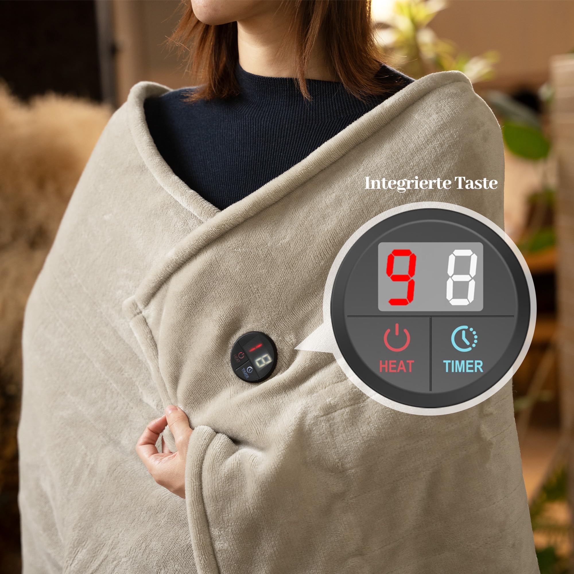 GOTCOZY Warmtedeken, elektrische deken, 130 x 180 cm, één knop, elektrische warmtedeken met 10 warmtestanden en 9-uurs auto-off-timer, wasbare elektrische deken (kaki GOTCOZY Warmtedeken, elektrische deken, 130 x 180 cm, één knop, elektrische warmtedeken met 10 warmtestanden en 9-uurs auto-off-timer, wasbare elektrische deken (kaki