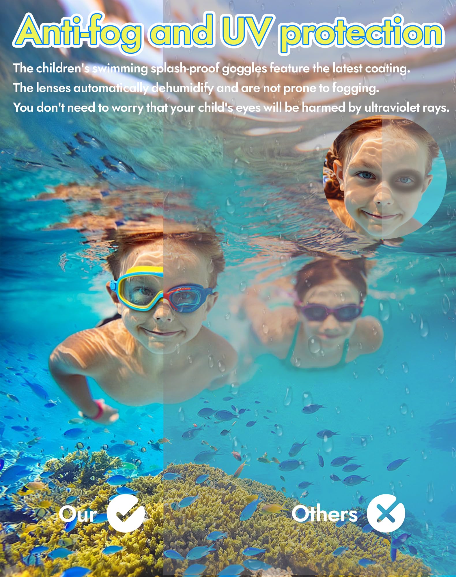 Swimbi Splsh Vision Brille, Blumi Baby Splashyeyes Goggles, Anti-Fog & UV Kinder Schwimmbrille mit Ohrstöpseln & Nasenklammer, Weitsicht Schwimmmaske für Kinder 3-14