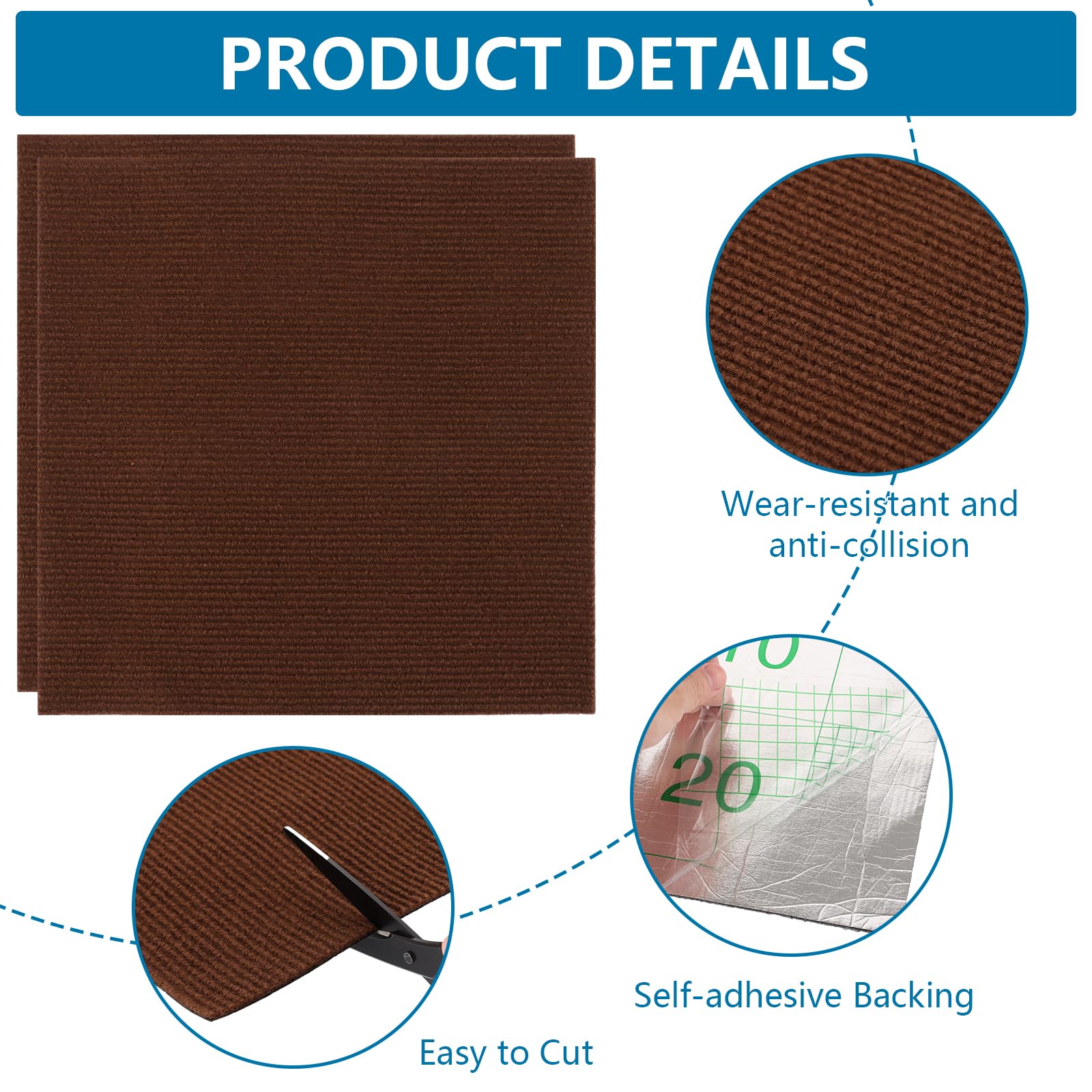 Lot de 30 carreaux de moquette carrés antidérapants faciles à décoller et à coller, pour salon, chambre à coucher et salle de sport Marron 30,5 x 30,5 cm