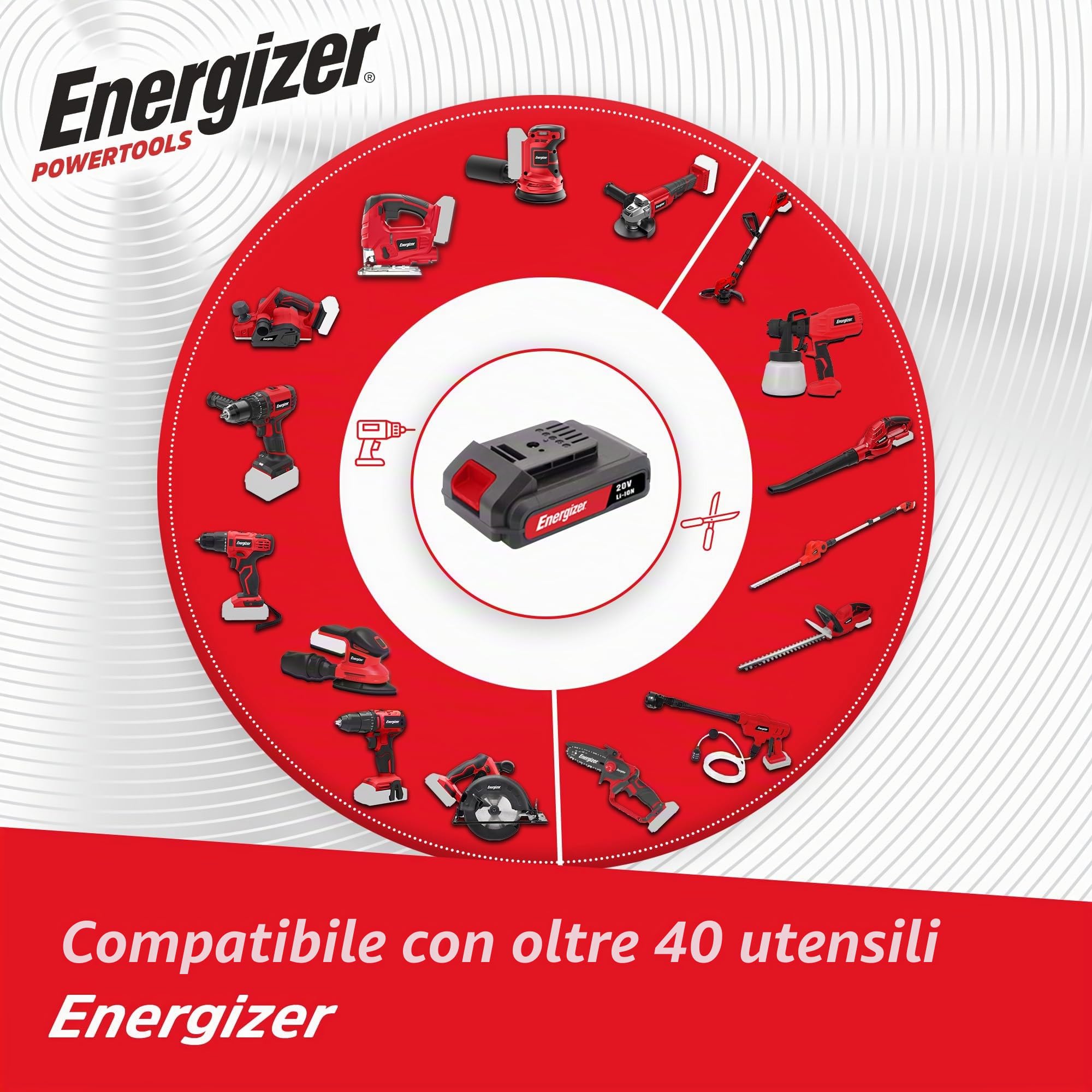 Energizer – Levigatrice orbitale cordless 20V, 10.000 giri/min, 6 velocità regolabili – Piatto autoaderente da 125 mm, sacchetto raccoglitore, 10 dischi inclusi – Include 2 batterie 20V 2AH + caricato