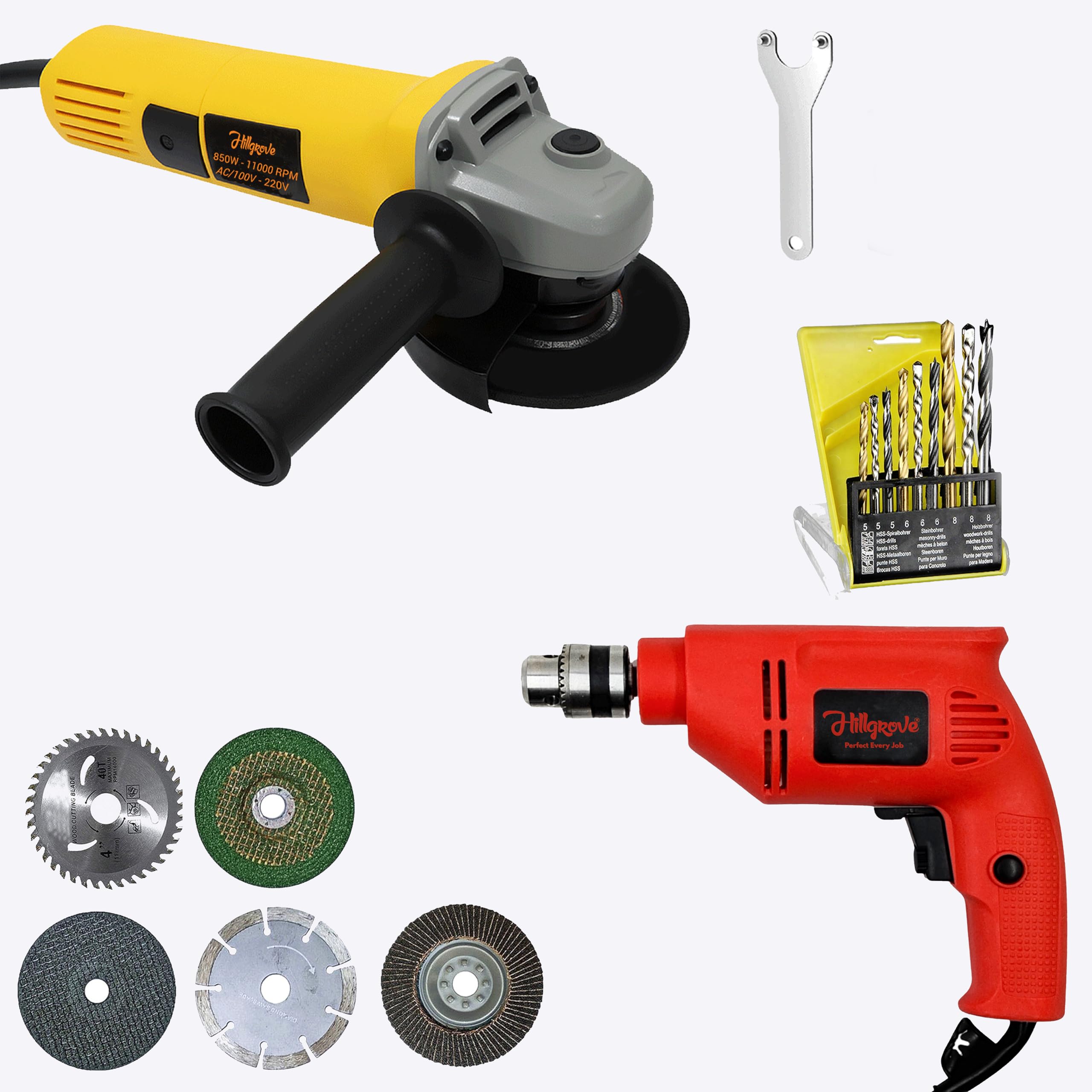 Hillgrove HGCM1384M2 100% Copper Winding 10mm Drill Gun Drilling Machine Kit Set with 4"inch Hand Angle Grinder Wall Cutter Grinding Glender Cutting Machine-image-1