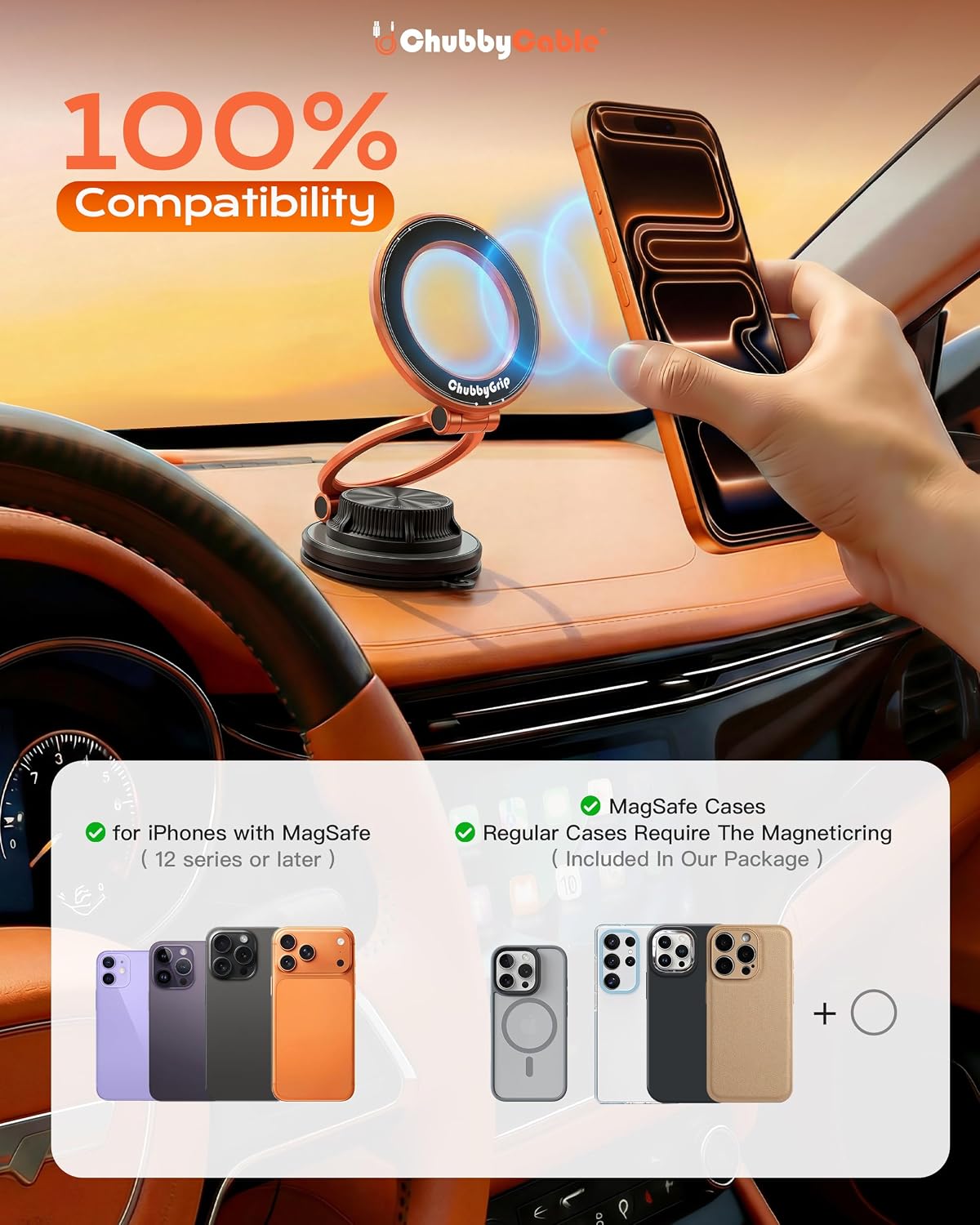 chubbycable ChubbyGrip AirVac Magnetic Car Phone Mount Vacuum Suction Phone Holder for Dashboard & Windshield Strong Magnets Adjustable Car Phone Holder for iPhone Samsung All Smartphones
