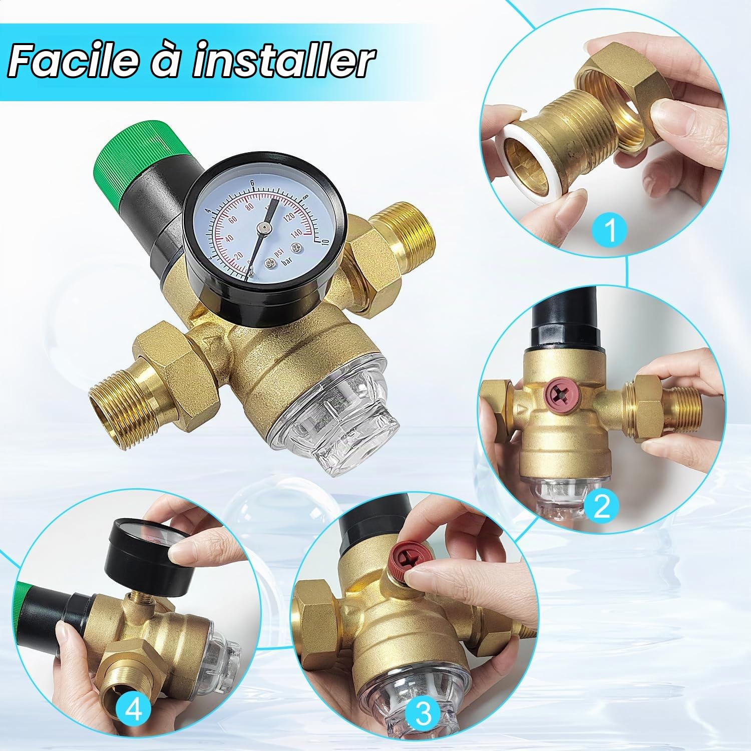 1/2 Pouce Ajustable Reducteur de Pression Eau, DN 15 Laiton épaissi Limiteur de Pression, Réducteur de Pression Eau Avec Filtre et Manomètre, Applicable à La Maison, Le Bâtiment, L'usine