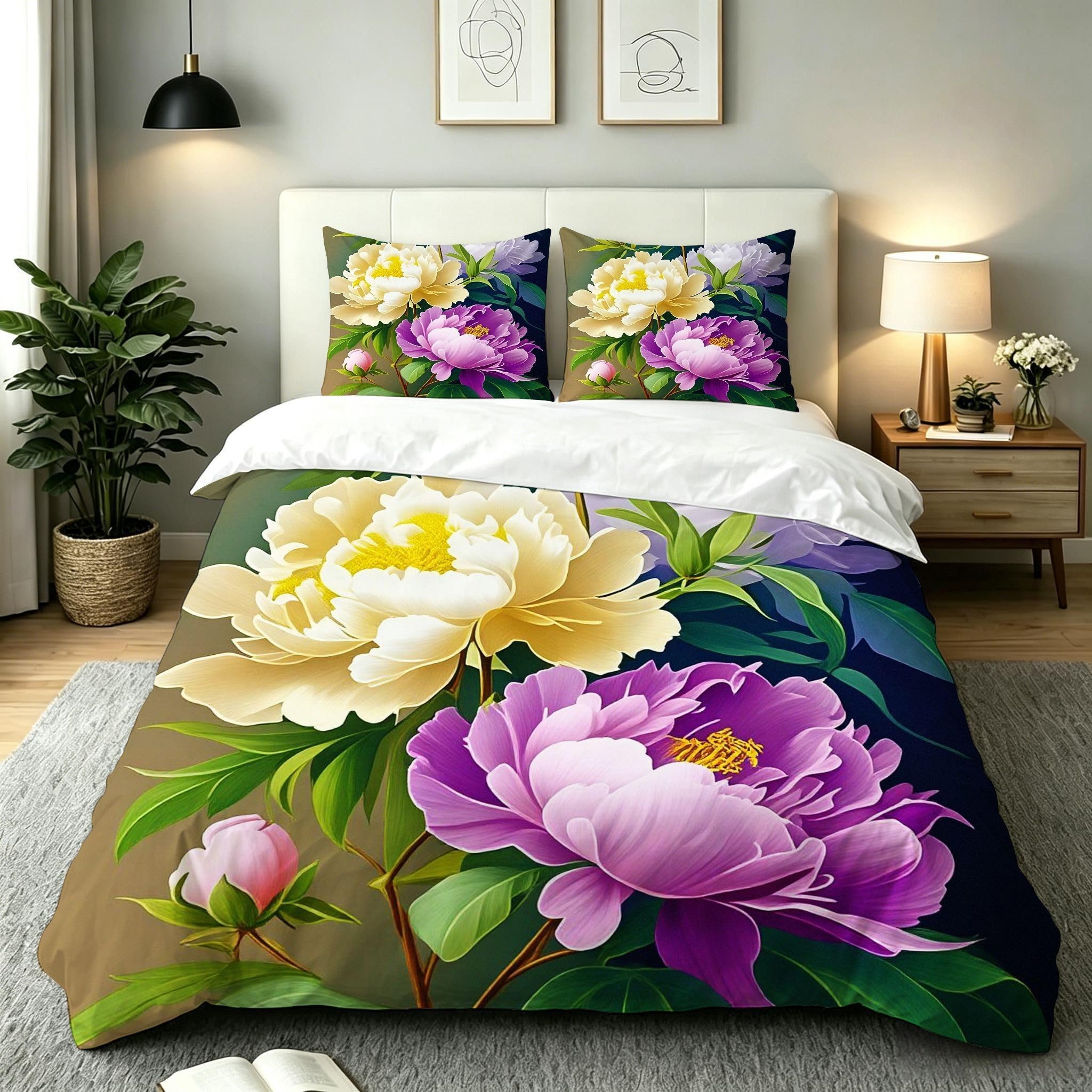Copripiumino Matrimoniale Peonia Bianca 260x240, ZW870 | Traspiranti Durevoli Microfibra, per Tutta la Famiglia, Matrimoniale, per Tutte le Stagioni, con 2 Federe 50x80 cm