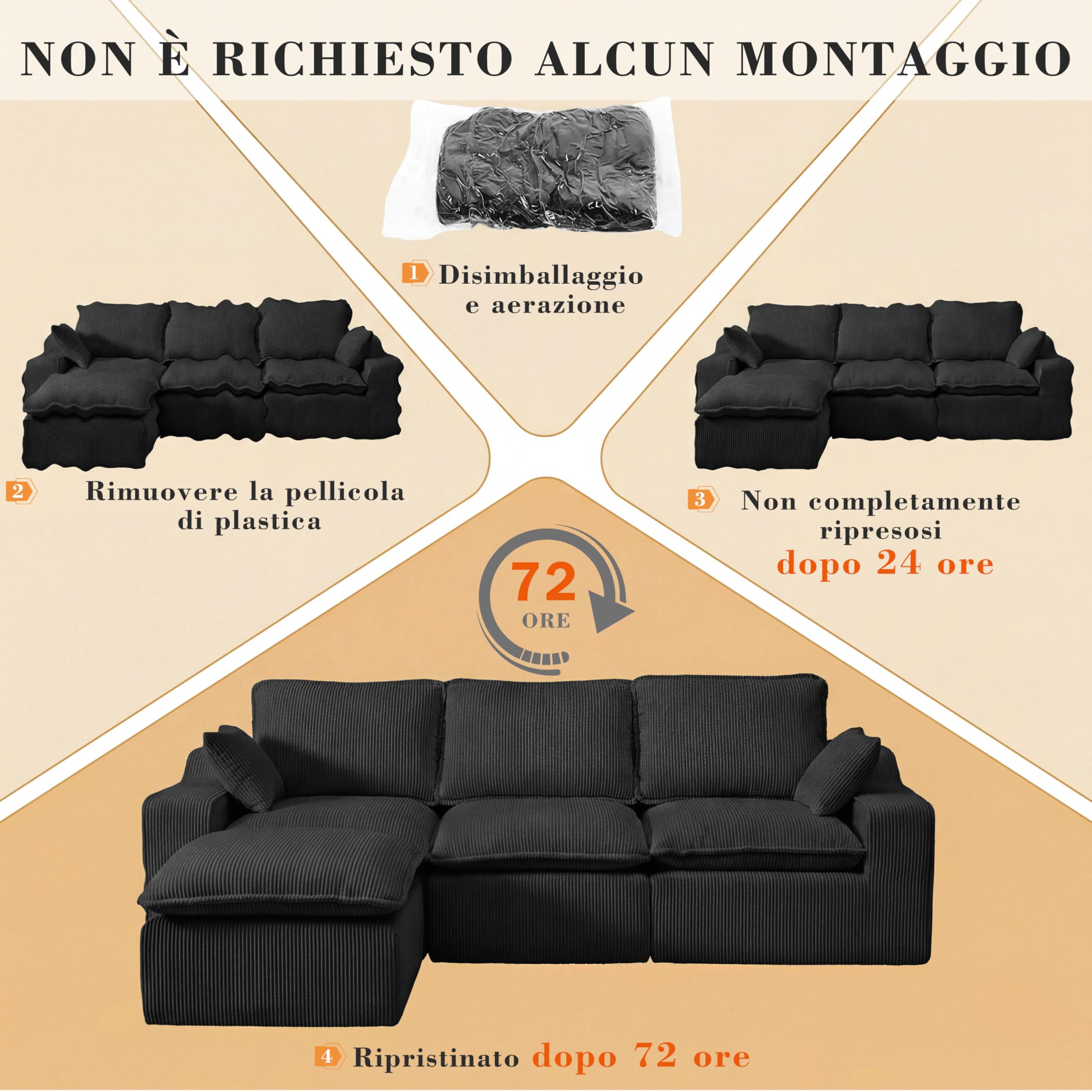 Vipbear Divano 4 Posti con 1 Pouf, Divano Cloud in Tessuto di Velluto a Coste con Seduta Profonda Imbottita, Seduta Extra Profonda e Morbida, Modulare Divano a L per il Soggiorno, Nero