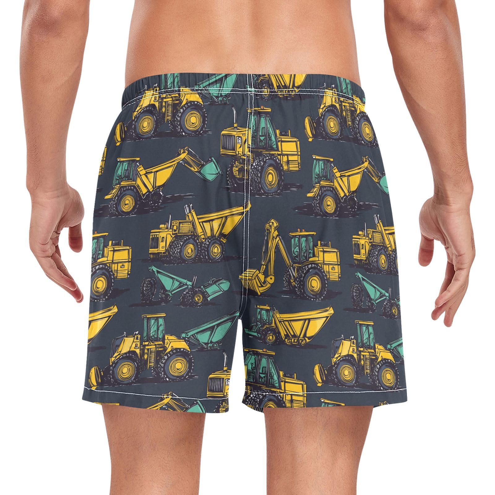 JUNZAN Cartoon Trucks Navy Men's Swim Shorts Mens 2 Layer Workout Shorts with Compression Liner Beach Board Shorts Lightweight