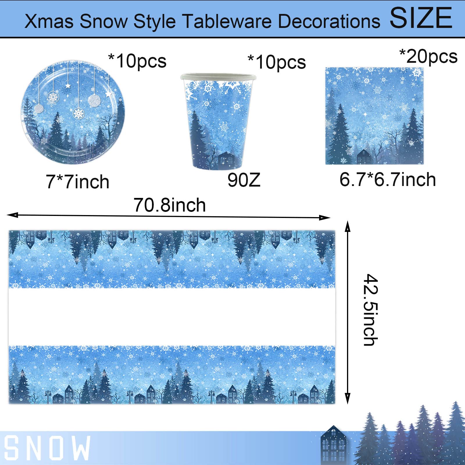 41Pcs Snowflake Christmas Party Tableware Decorations,Blue White Snowflake Tableware Set For Christmas Party Table Cloth,7inch Paper Plates,Napkins, Cups For Christmas Frozen Winte Dinnerware Decor