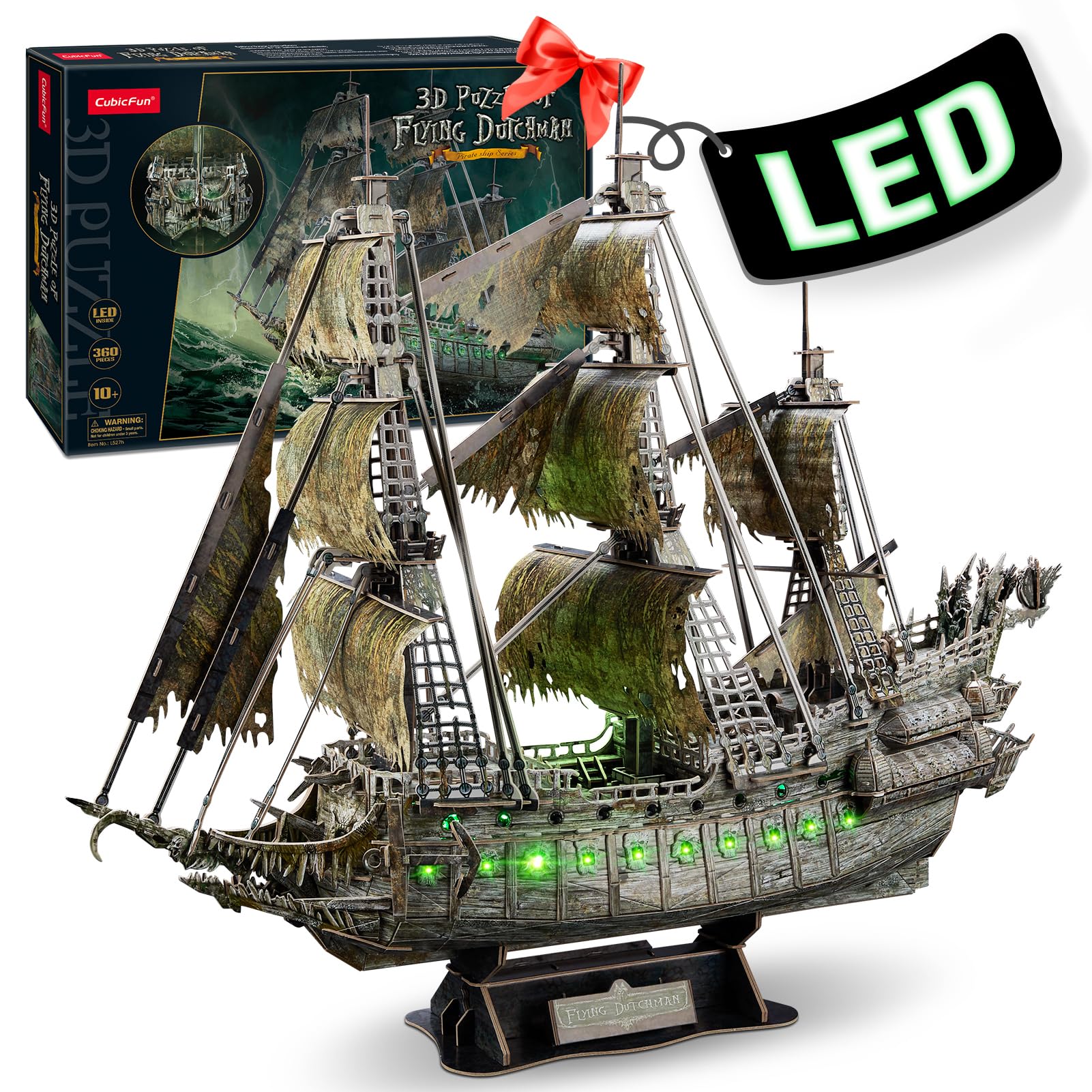 CubicFun 3D Puzzle Model Pirate Ship - The Dutch Flying 3D Puzzle for Adults, New Model Kit Ghost Ship with LED, 360 Pieces, L527H