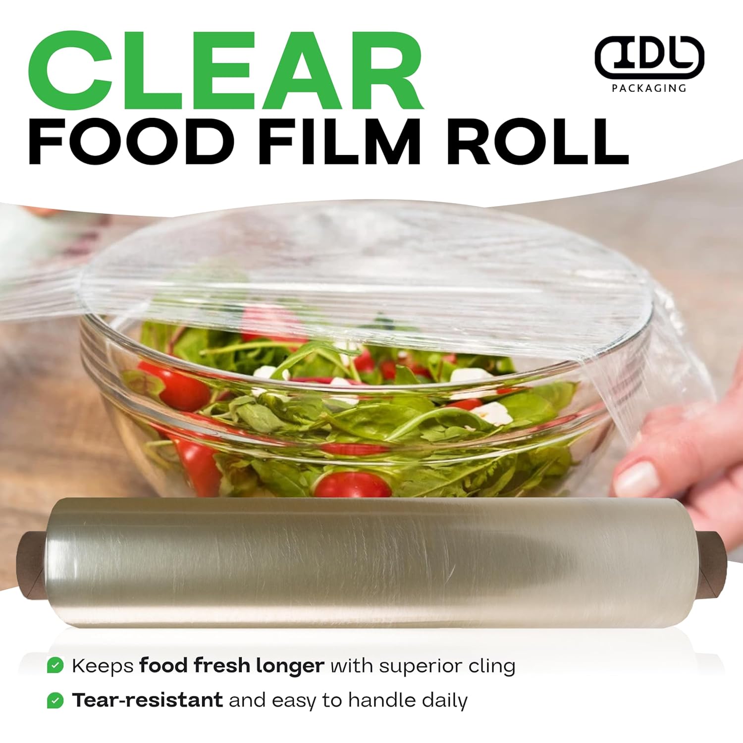 IDL Packaging WP-180D 18" WrapMaster Dispenser with 18" x 2000' Food Film Roll - NEW Press-Cutter with Sharp Serrated Blade - 10X Longer Service Life with Durable Plastic Body