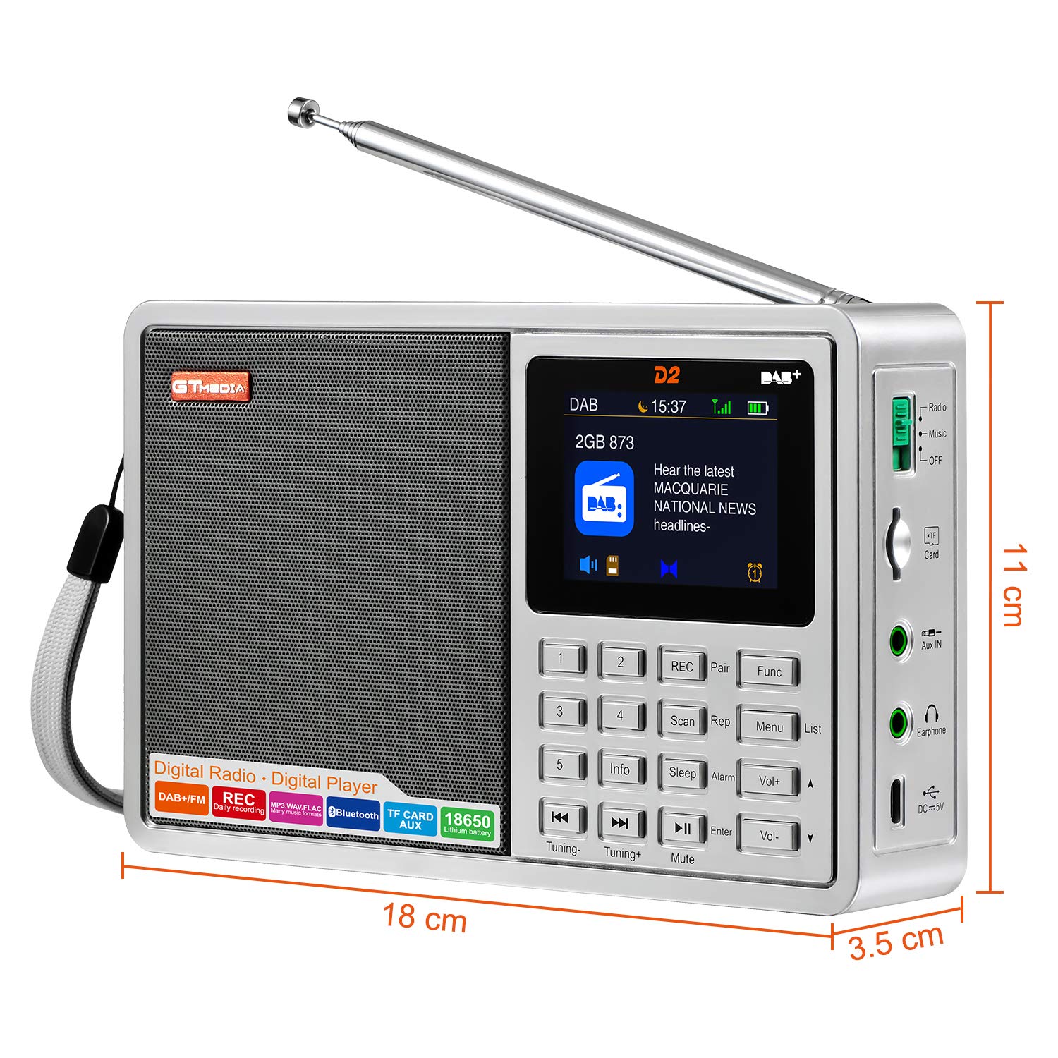 Radio compacte avec Dab+/FM, Lecture Audio, Heure/Alarme, Affichage Couleur, Bluetooth et Support multilingue. Idéal pour Les Voyages, Les entraînements ou l'utilisation en Cuisine. des possibilités