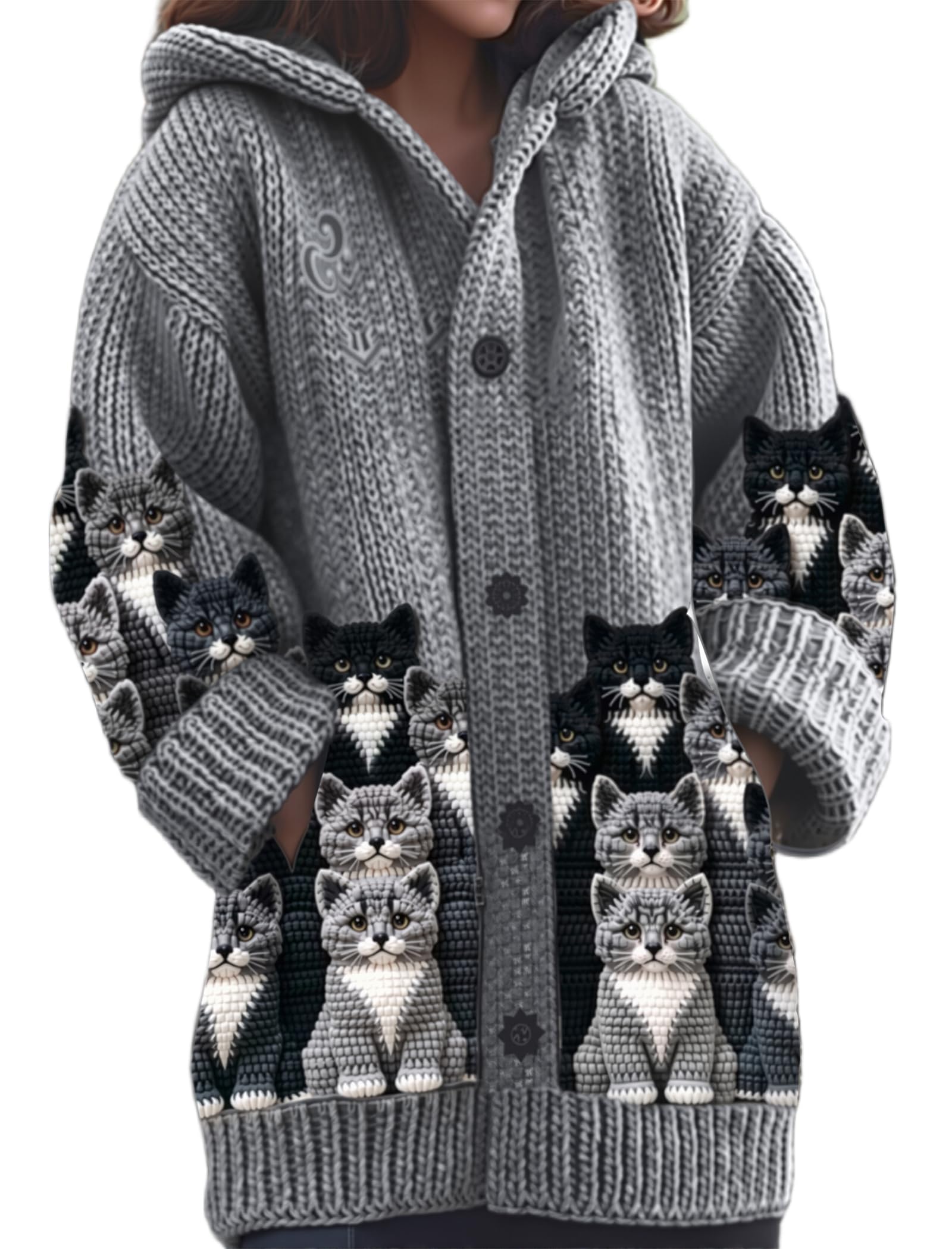 TIAFORD Womens Cat Print Hooded Cardigan Gray Long Sleeve Casual Button Down Knitted Sweater